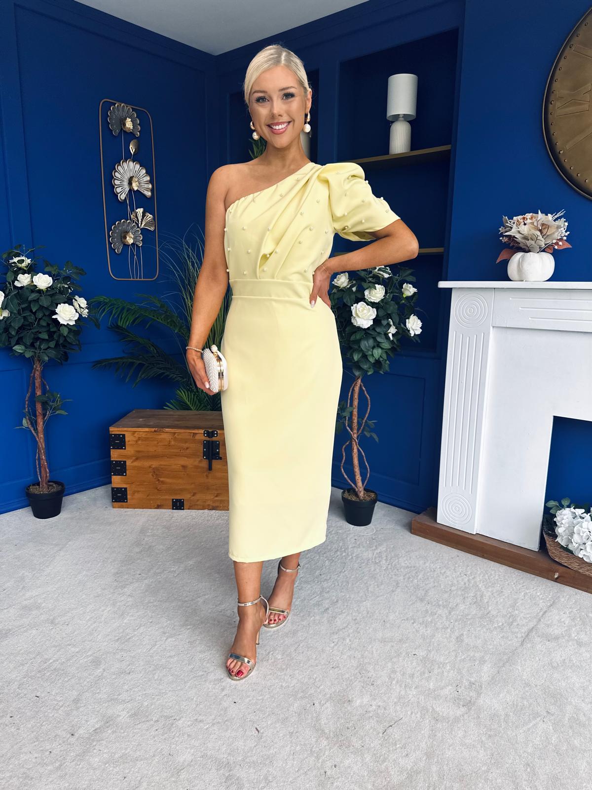 April Pearl Detail Occasion Midi Dress Yellow