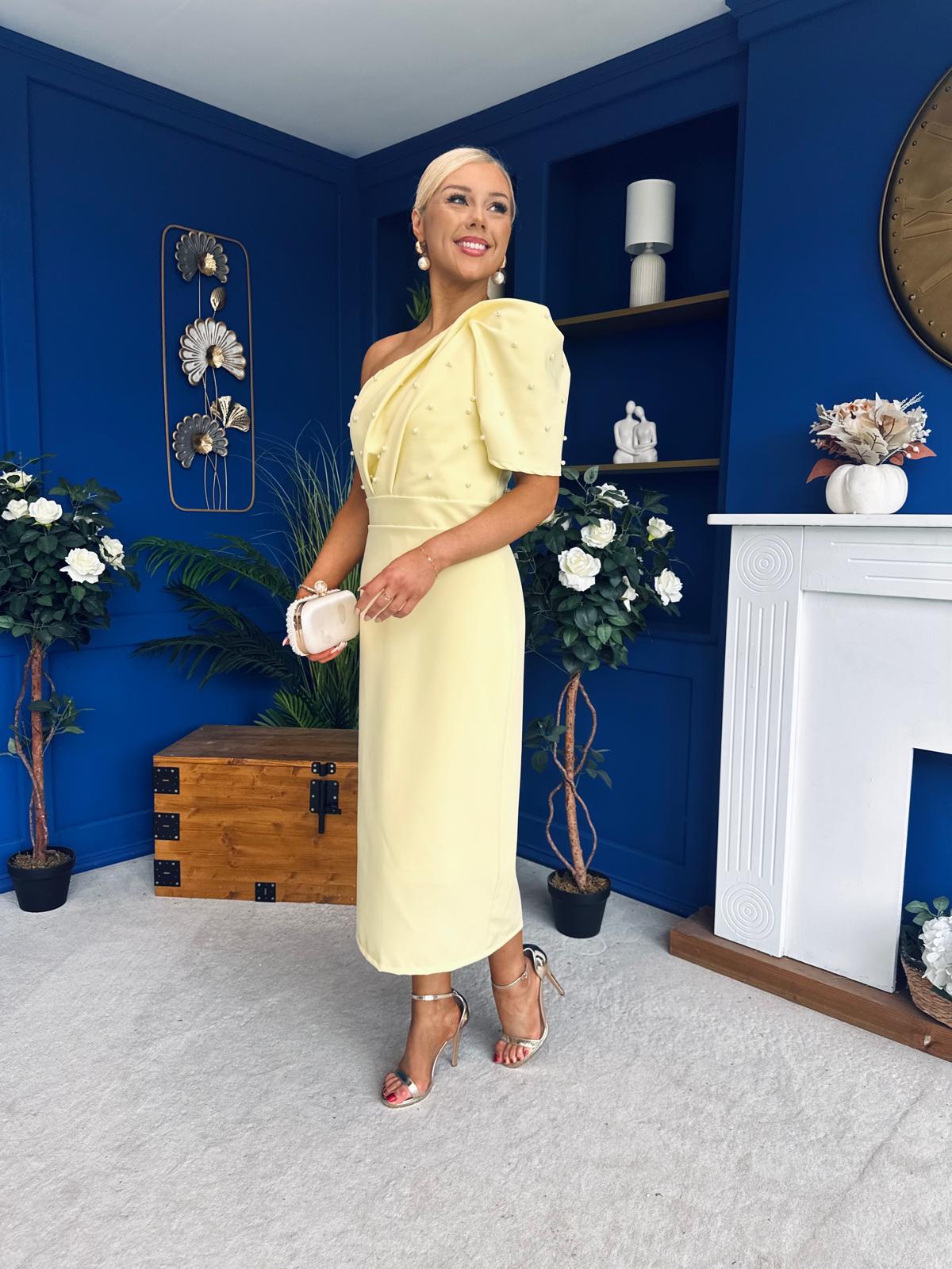 April Pearl Detail Occasion Midi Dress Yellow