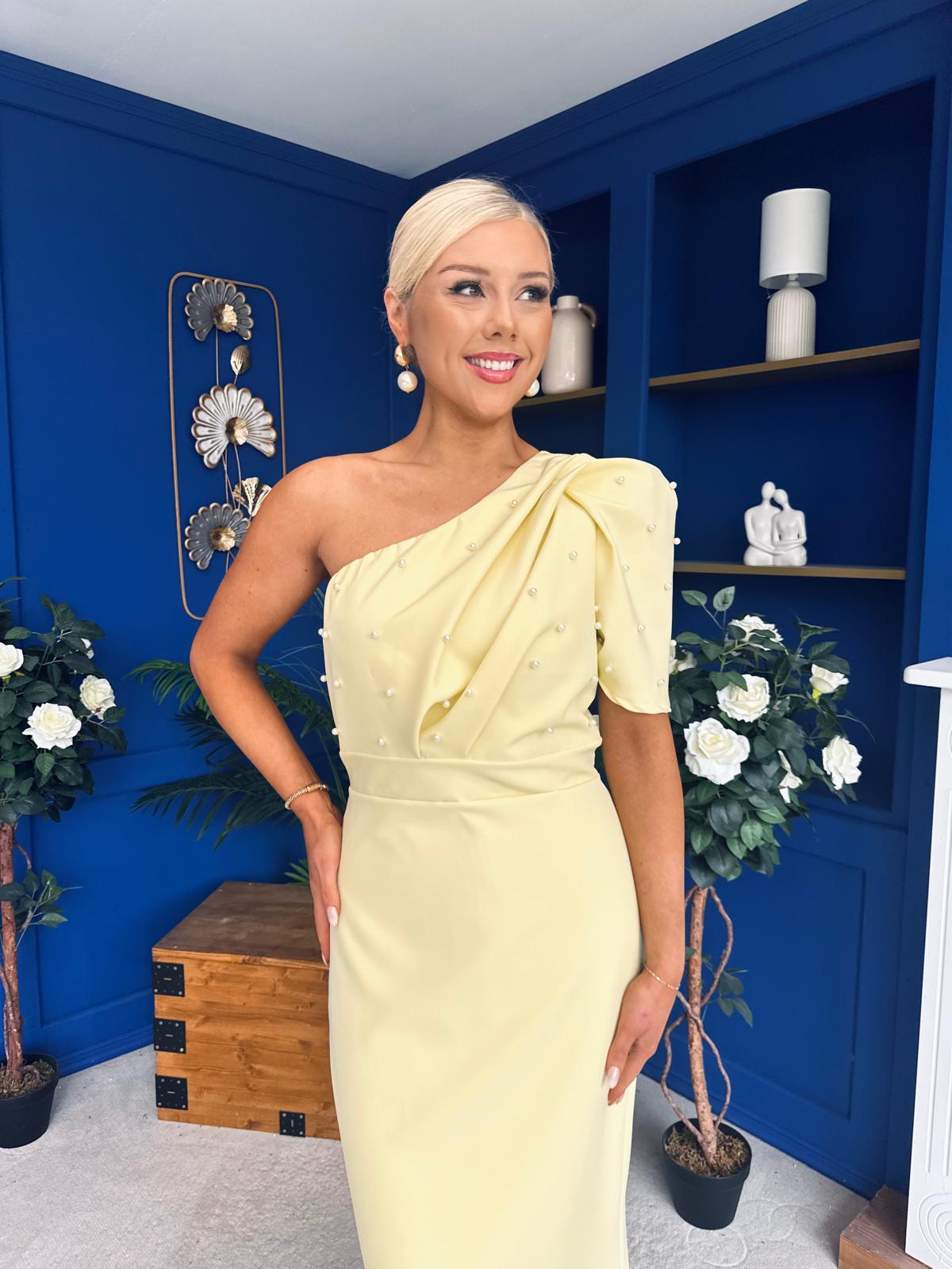 April Pearl Detail Occasion Midi Dress Yellow