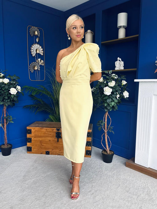 April Pearl Detail Occasion Midi Dress Yellow