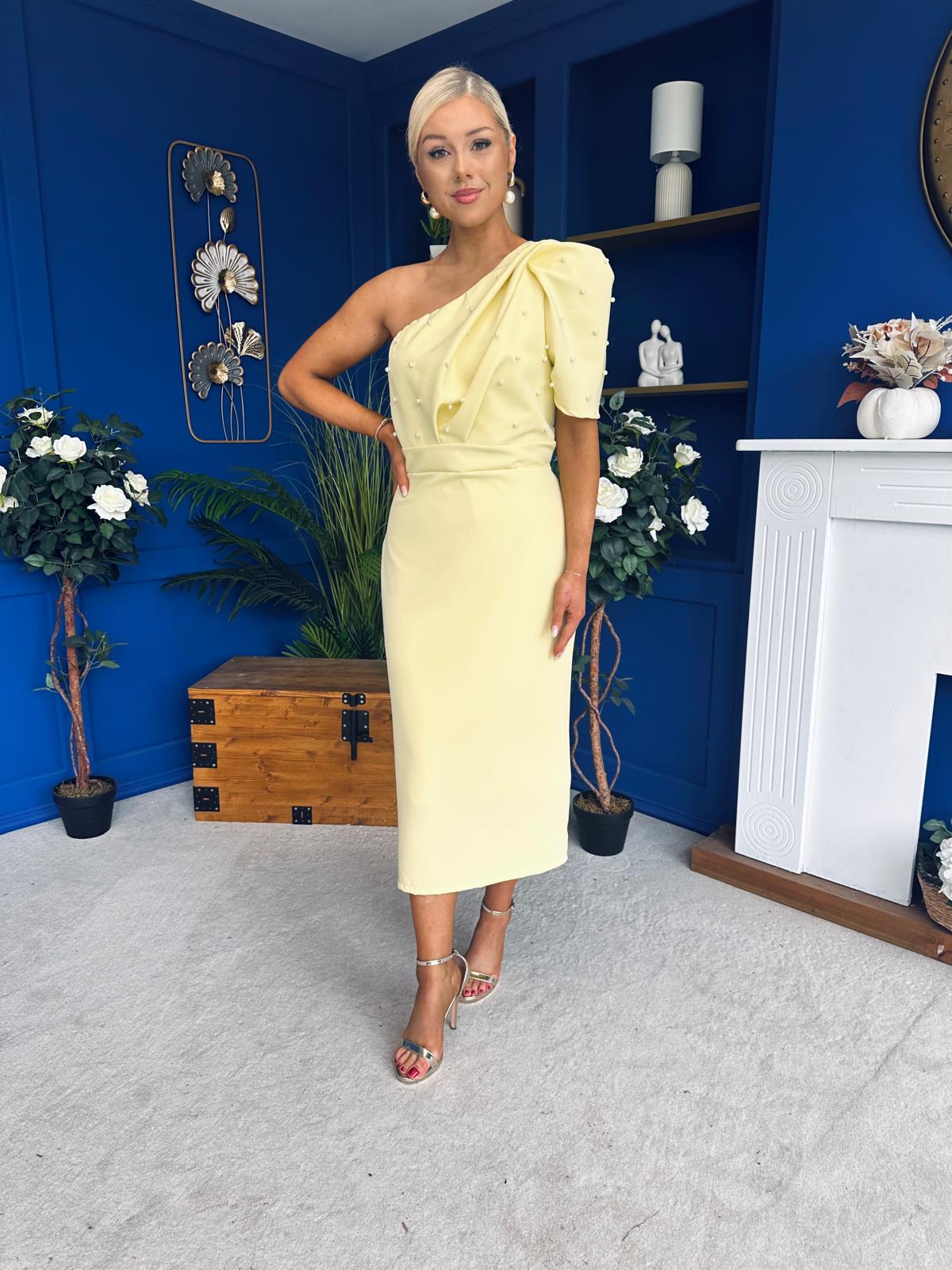 April Pearl Detail Occasion Midi Dress Yellow