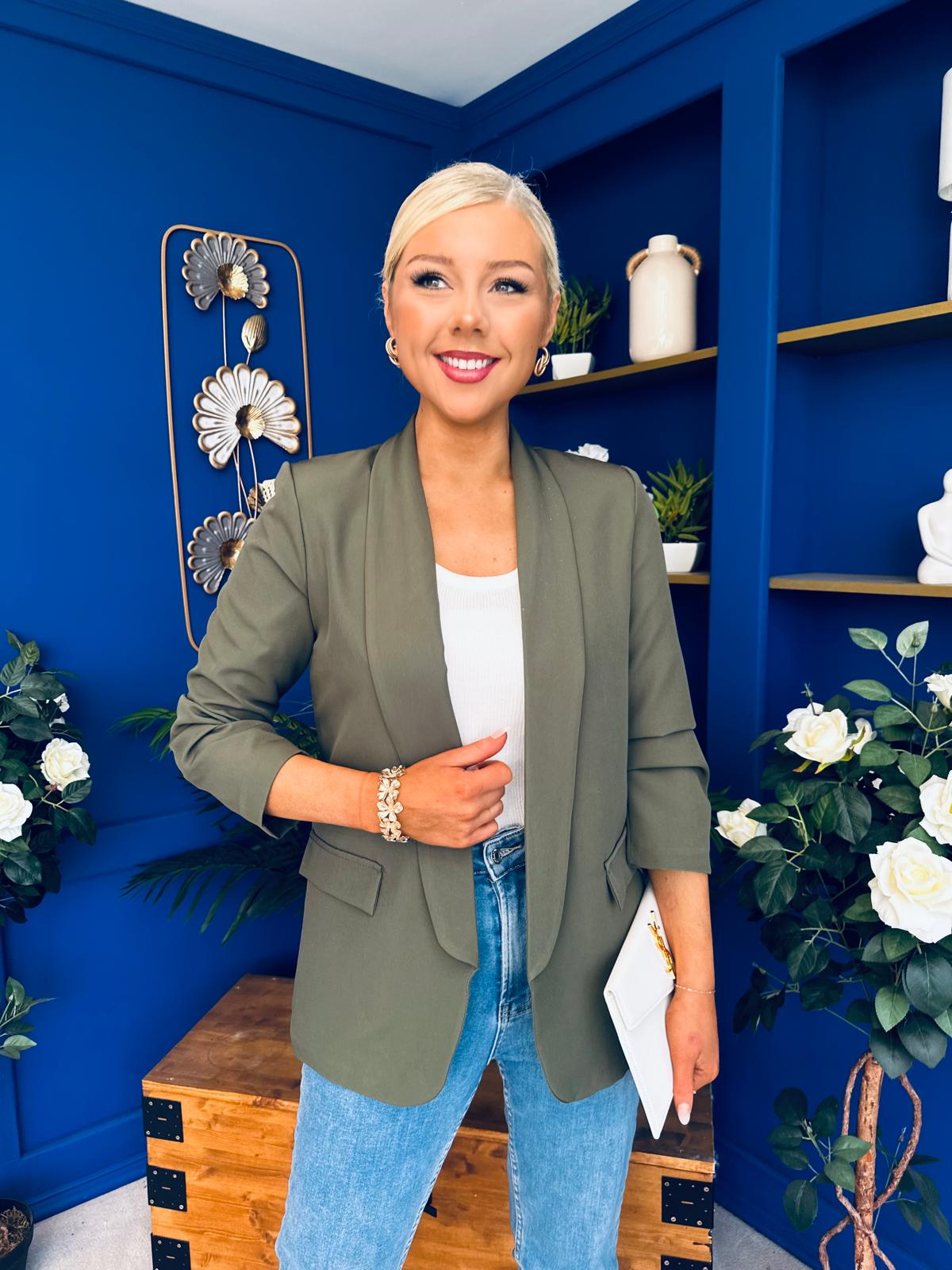 Laura Ruched Sleeve Blazer Khaki