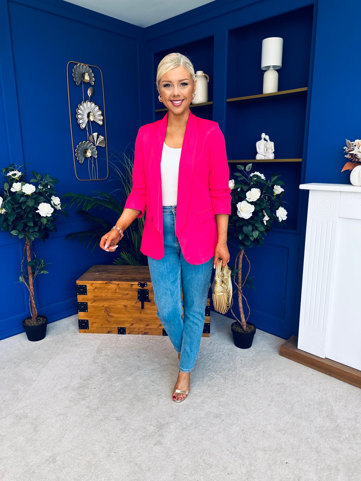 Laura Ruched Sleeve Blazer Hot Pink