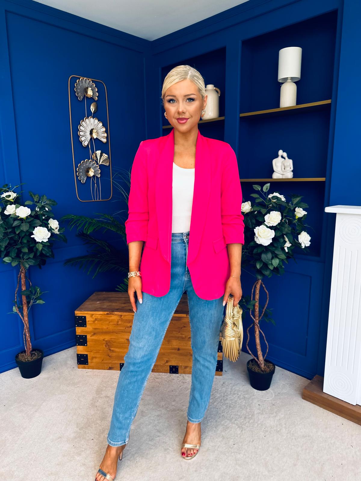 Laura Ruched Sleeve Blazer Hot Pink
