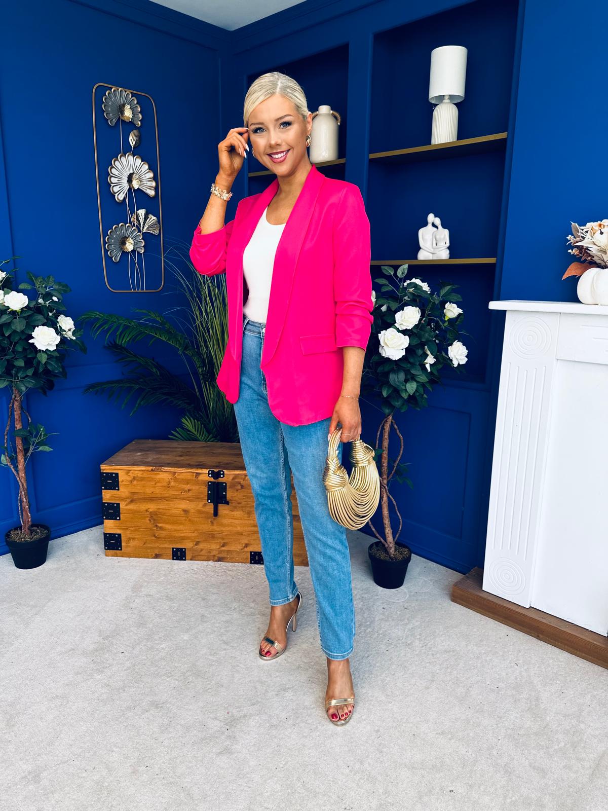 Laura Ruched Sleeve Blazer Hot Pink