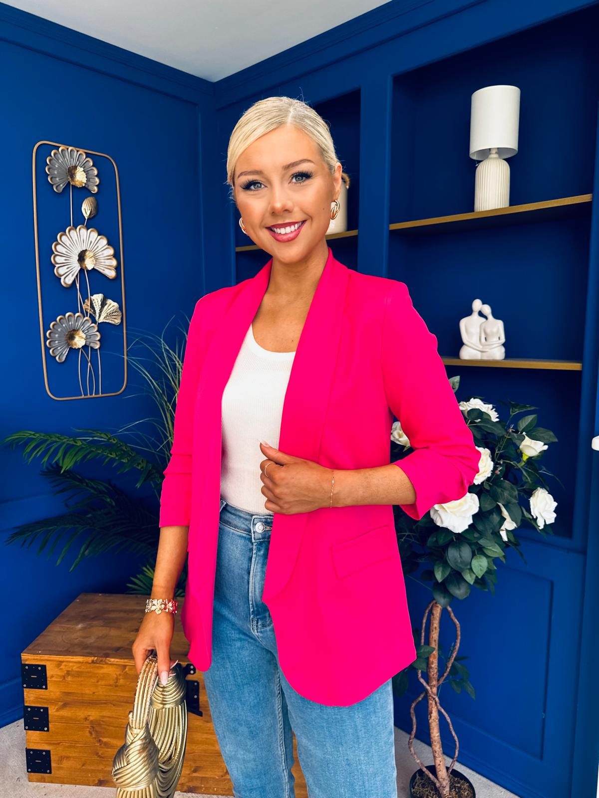 Laura Ruched Sleeve Blazer Hot Pink