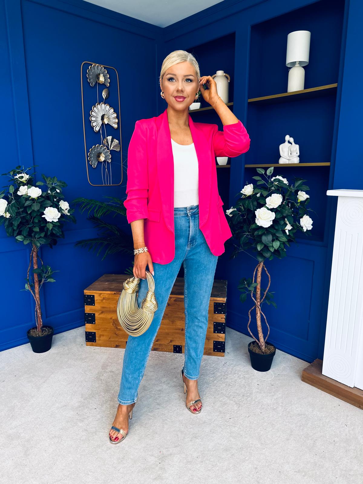 Laura Ruched Sleeve Blazer Hot Pink