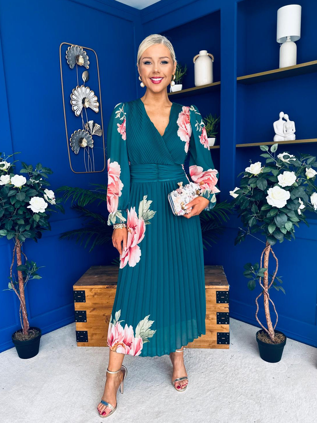 Blaithin Pleated Midi Dress Floral Green