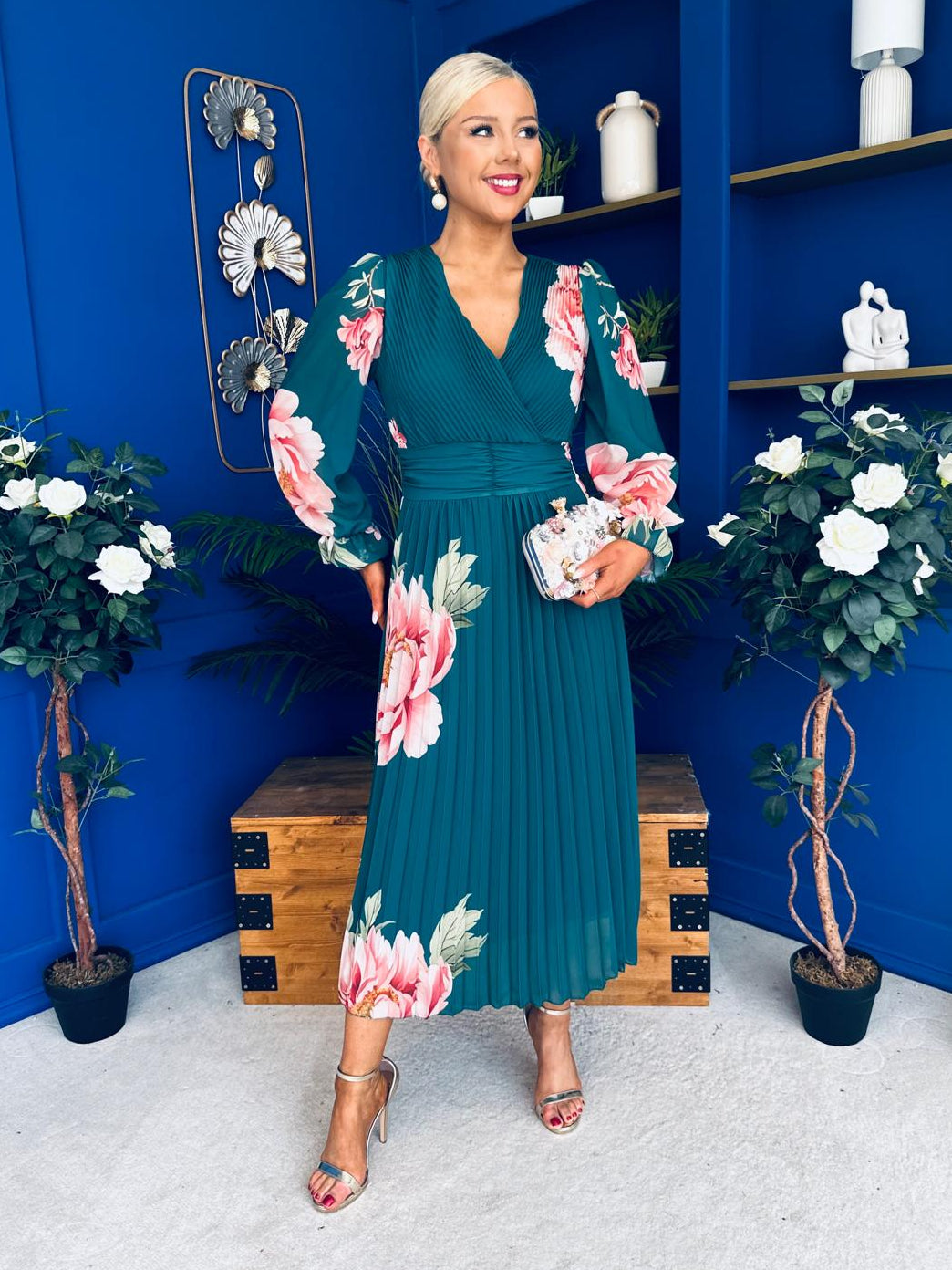 Blaithin Pleated Midi Dress Floral Green
