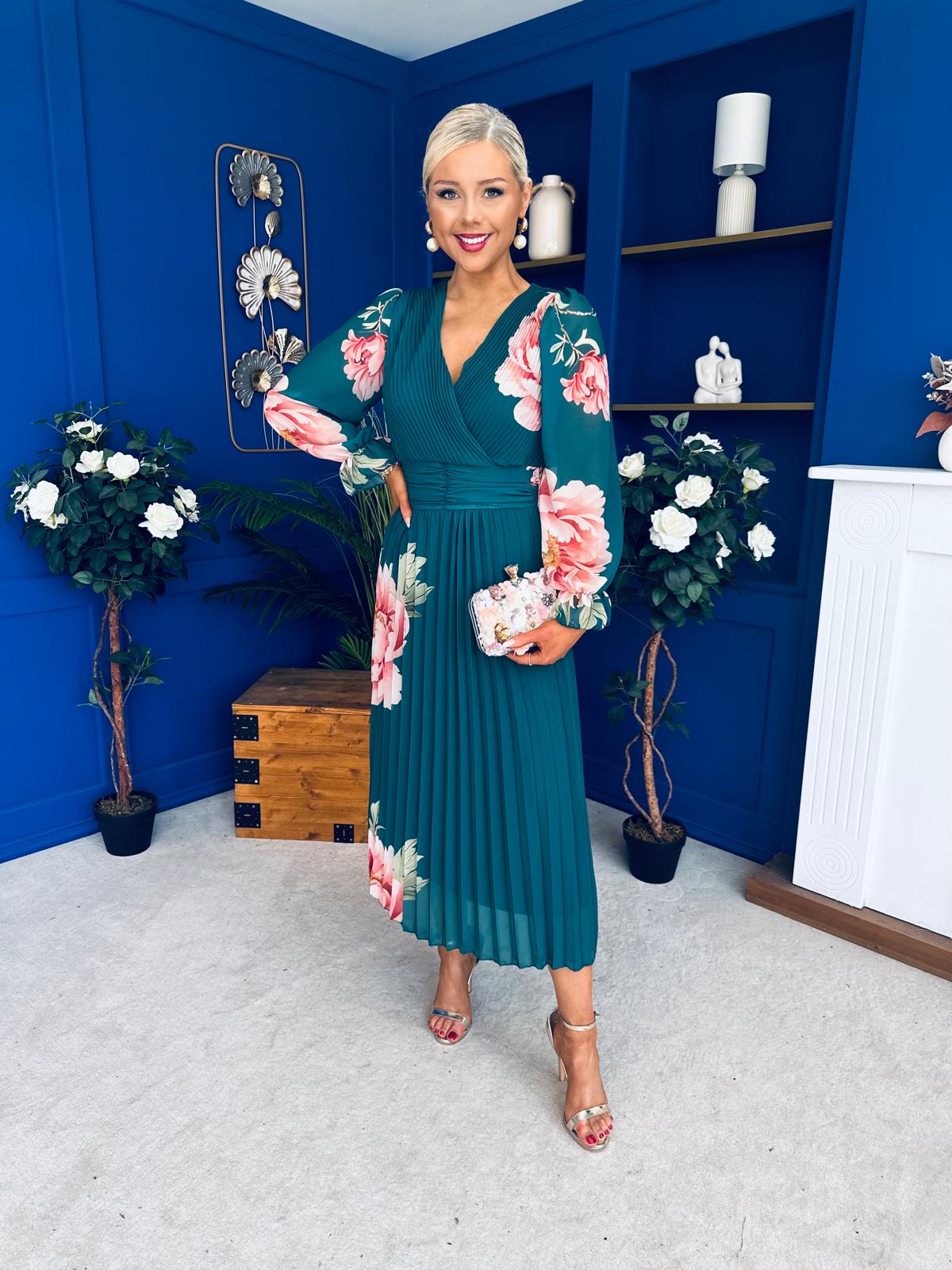 Blaithin Pleated Midi Dress Floral Green