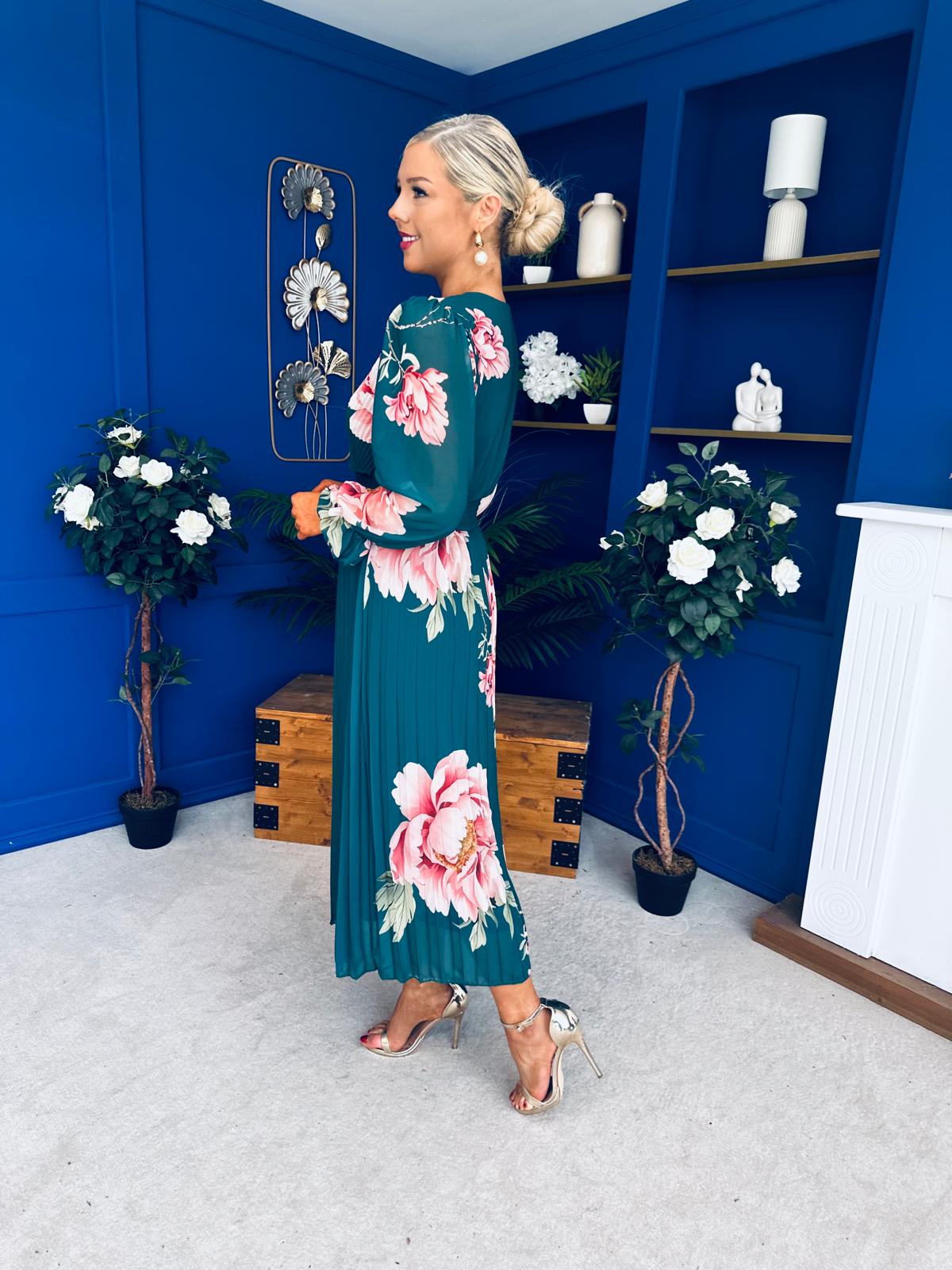 Blaithin Pleated Midi Dress Floral Green