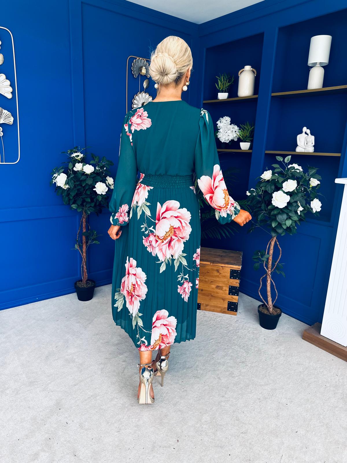 Blaithin Pleated Midi Dress Floral Green