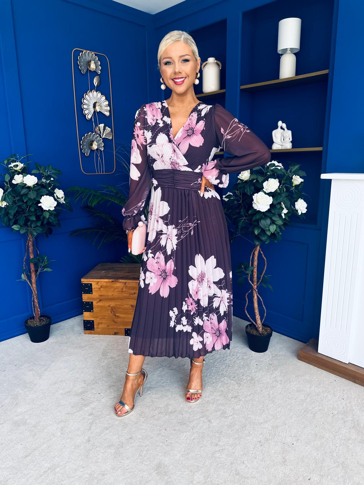 Blaithin Pleated Midi Dress Floral Burgundy
