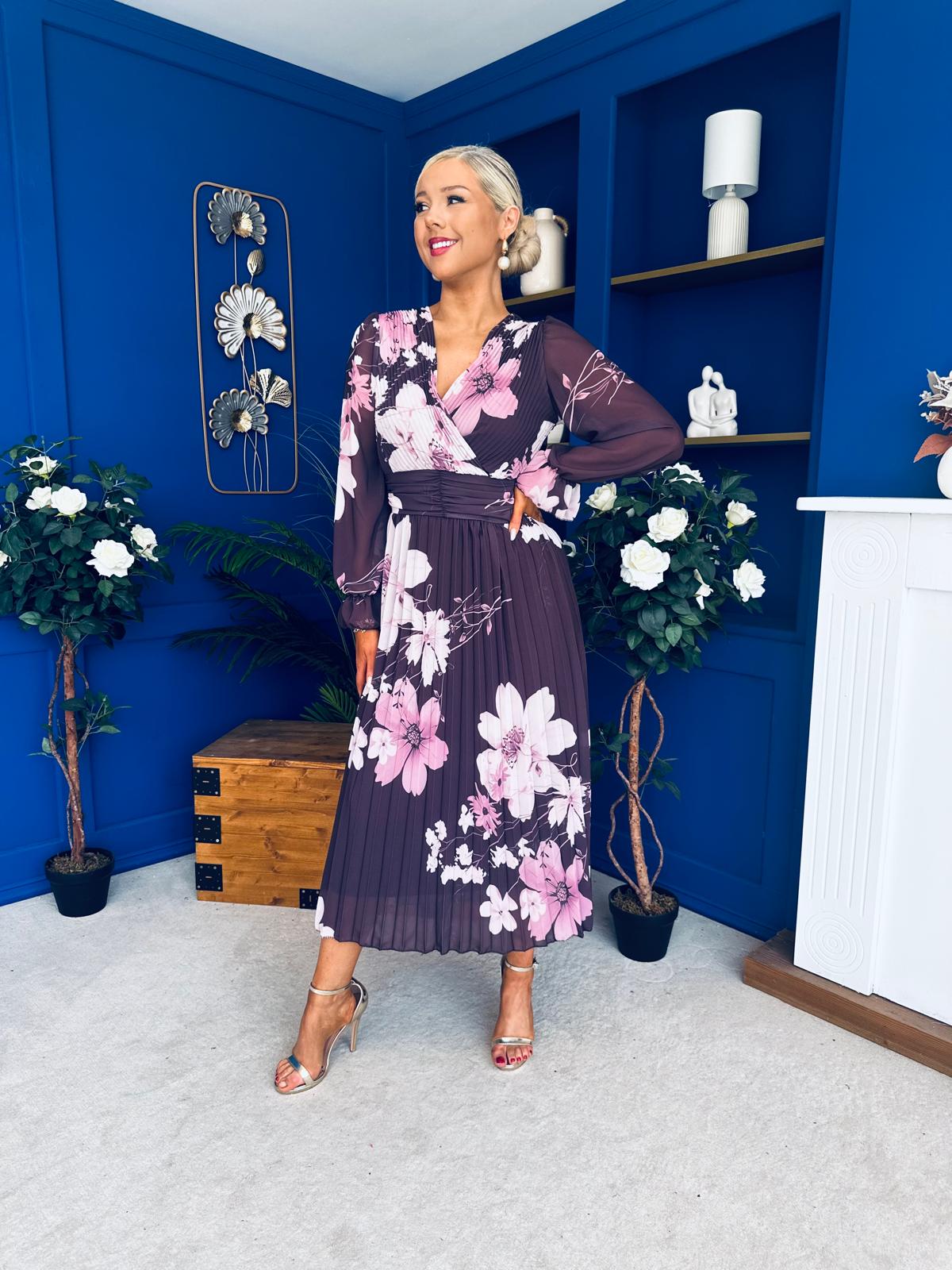 Blaithin Pleated Midi Dress Floral Burgundy