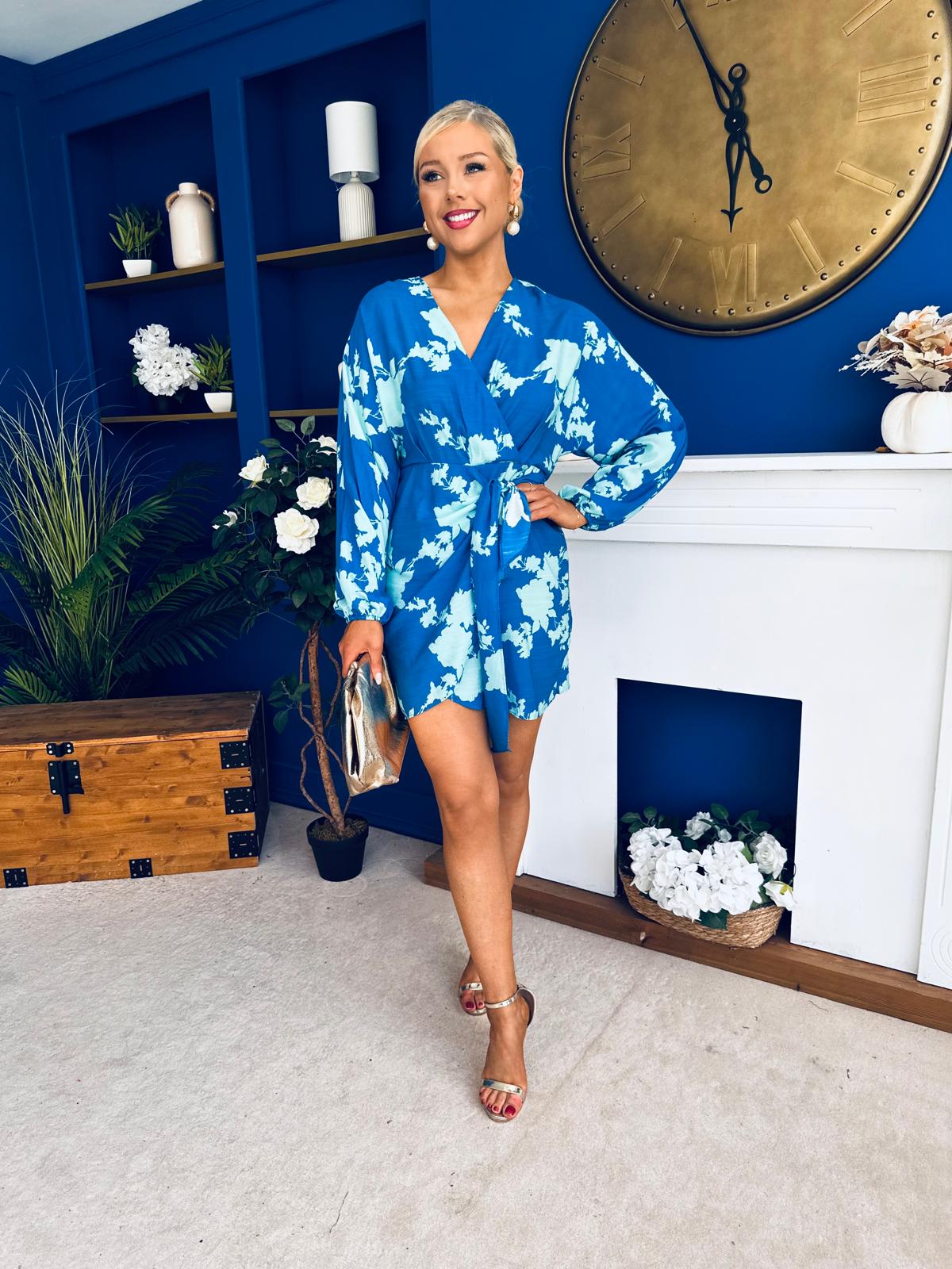 Avery Tie Detail Mini Dress Floral Blue