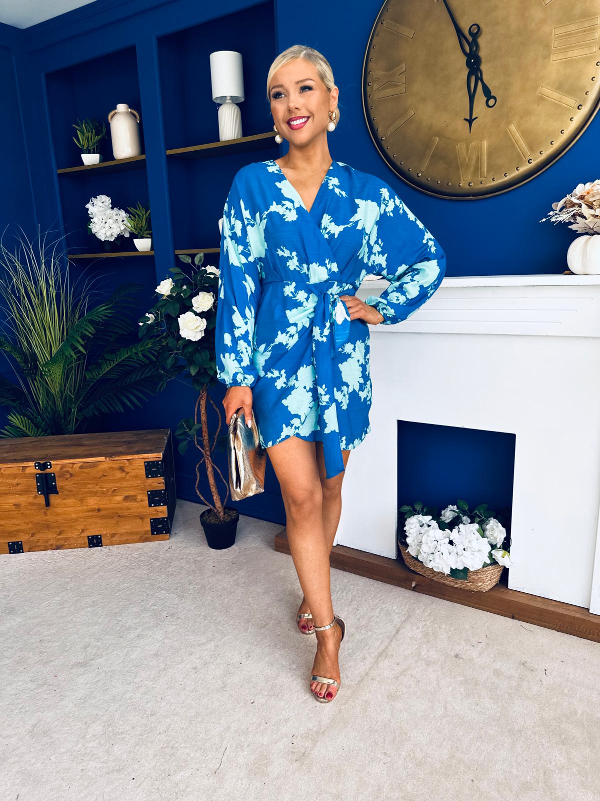 Avery Tie Detail Mini Dress Floral Blue