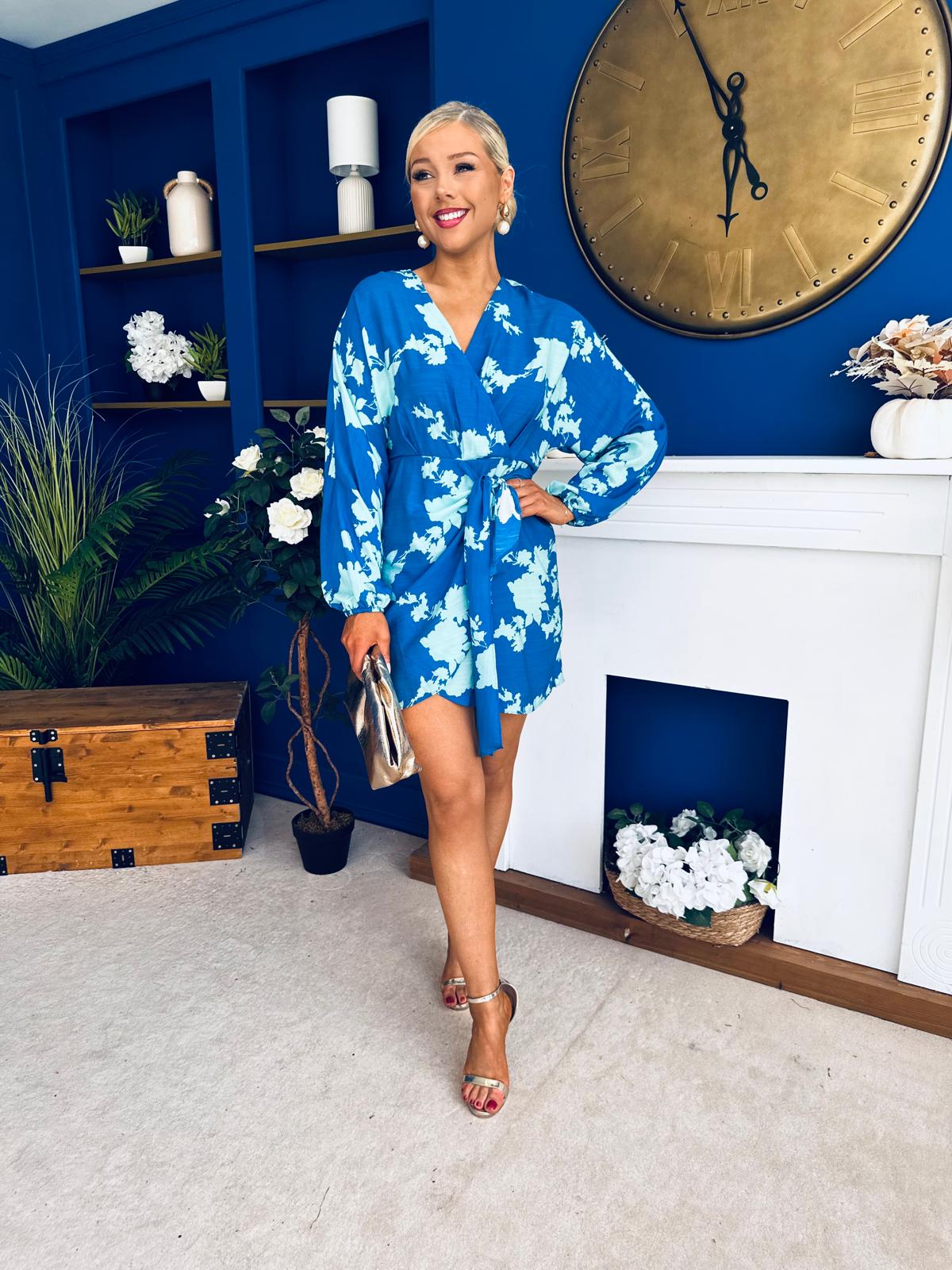 Avery Tie Detail Mini Dress Floral Blue