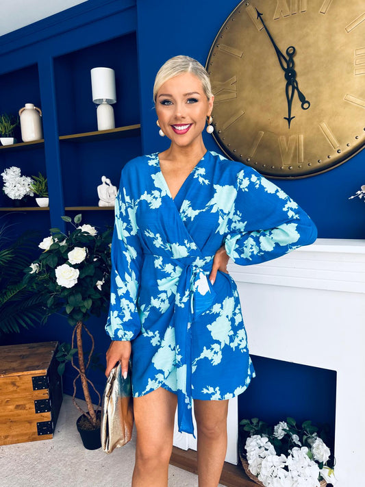 Avery Tie Detail Mini Dress Floral Blue