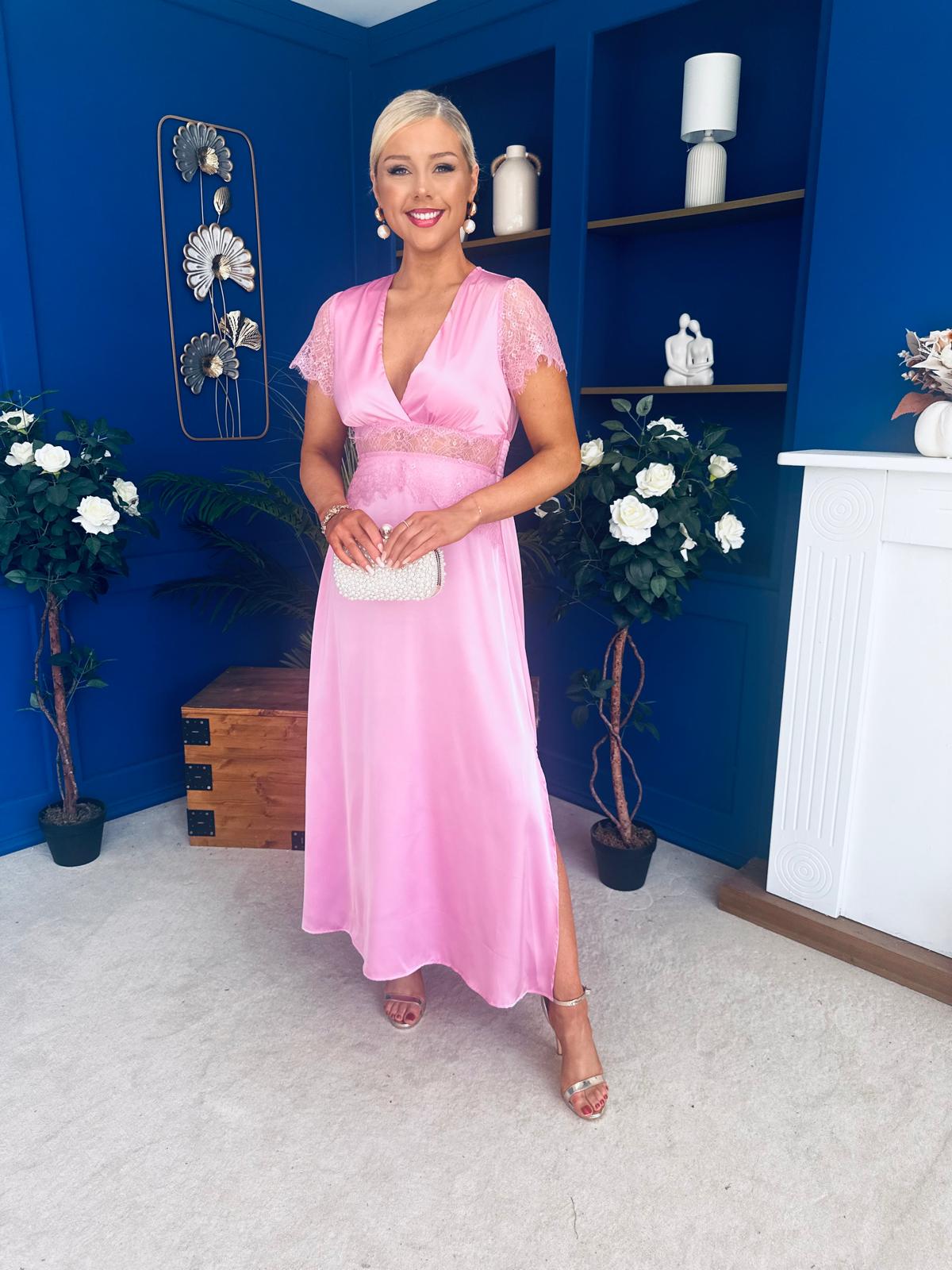 Meryl Lace Detail Satin Dress Pink