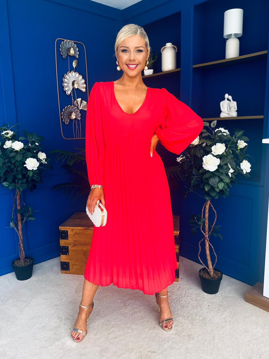 Ciara Pleat Detail Midi Dress Coral