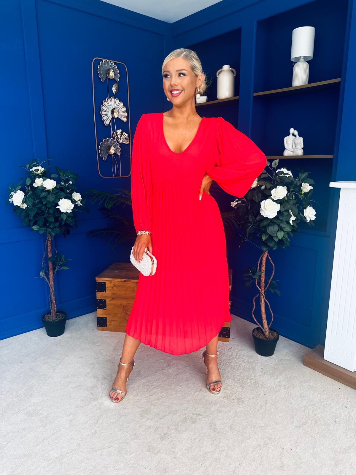 Ciara Pleat Detail Midi Dress Coral