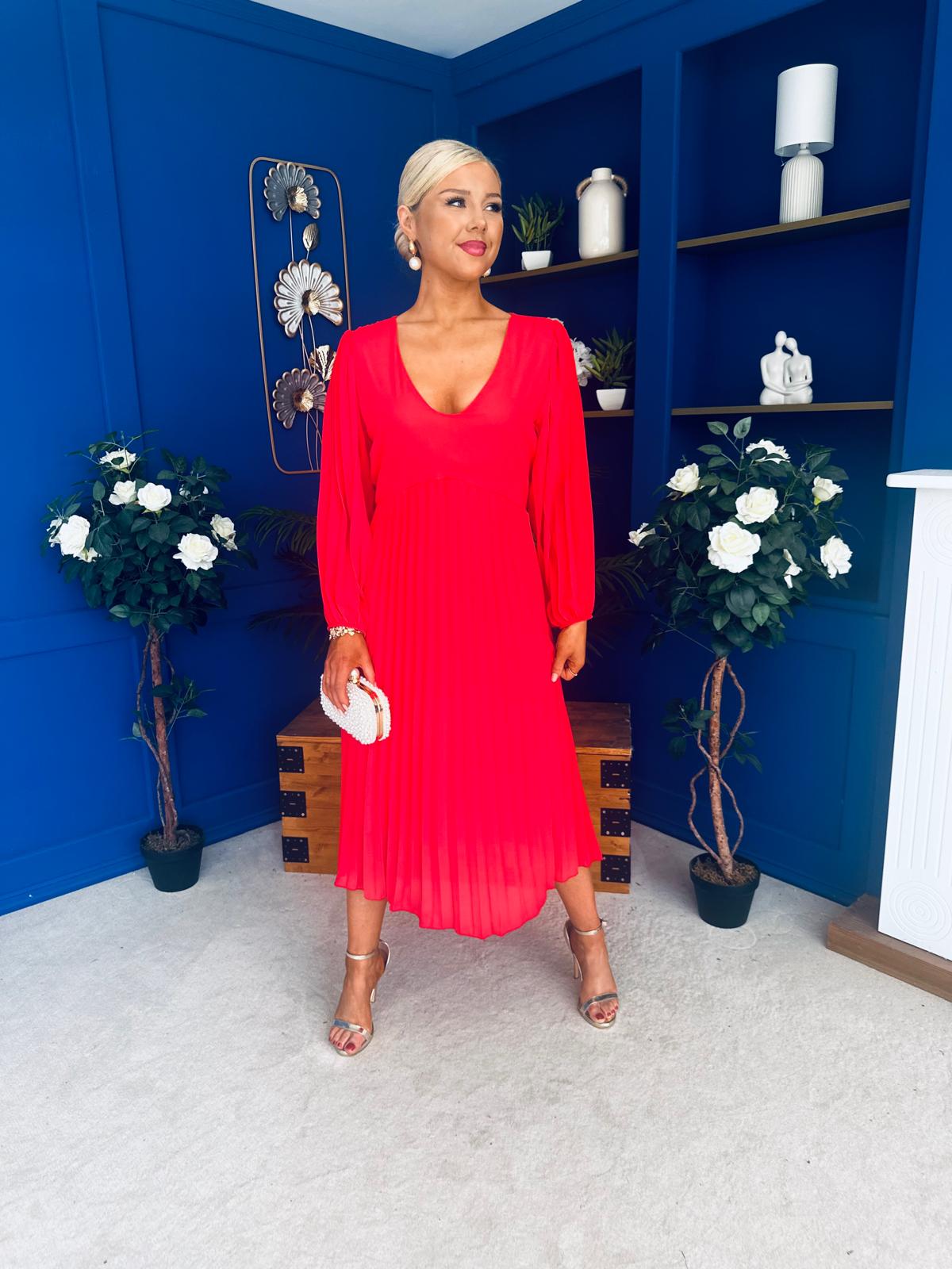 Ciara Pleat Detail Midi Dress Coral