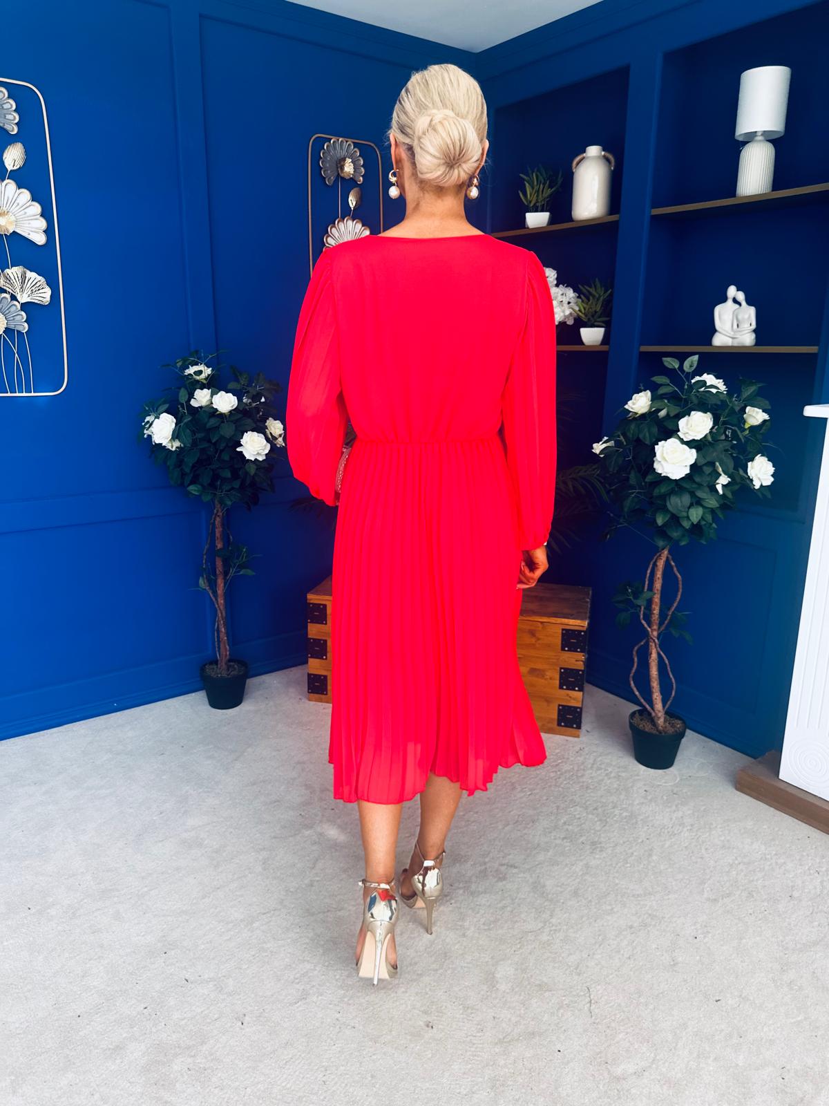 Ciara Pleat Detail Midi Dress Coral