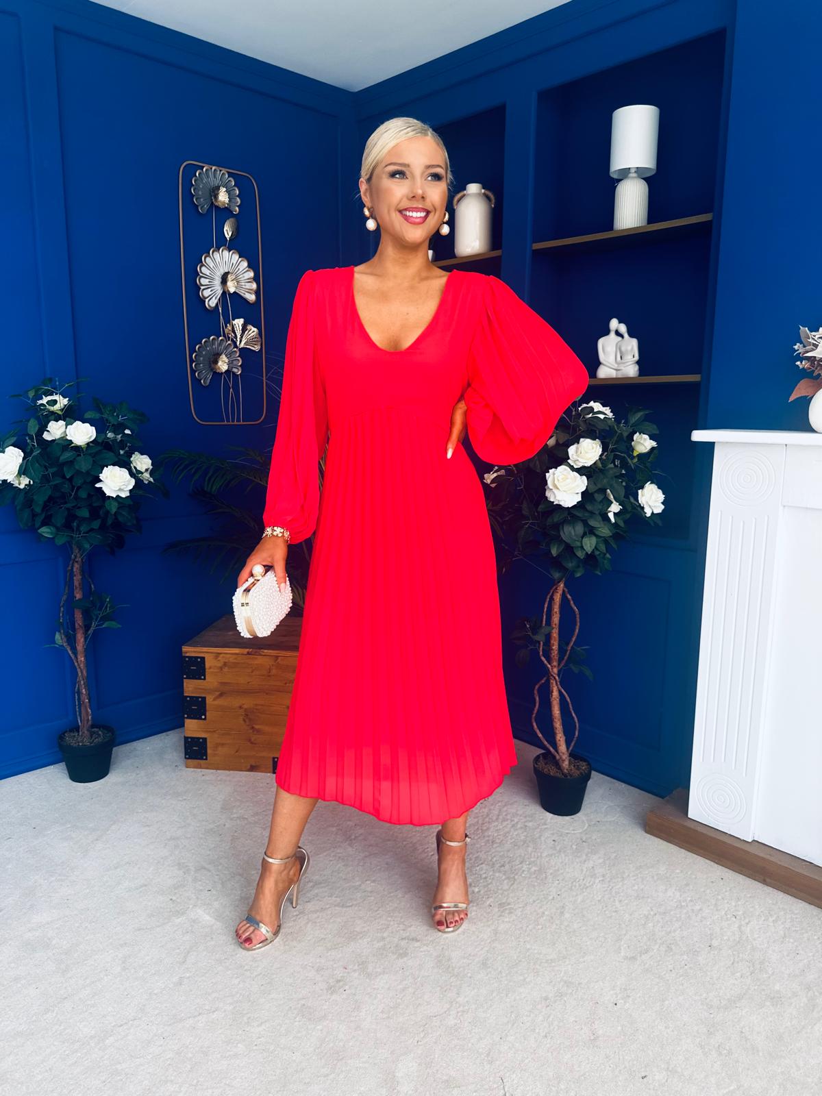 Ciara Pleat Detail Midi Dress Coral