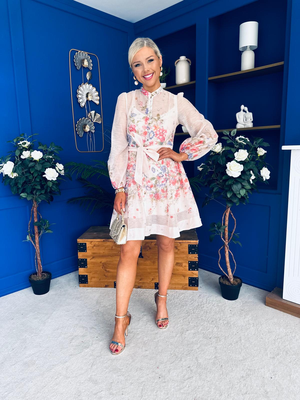 Leanne Embellished Mini Dress Floral Cream