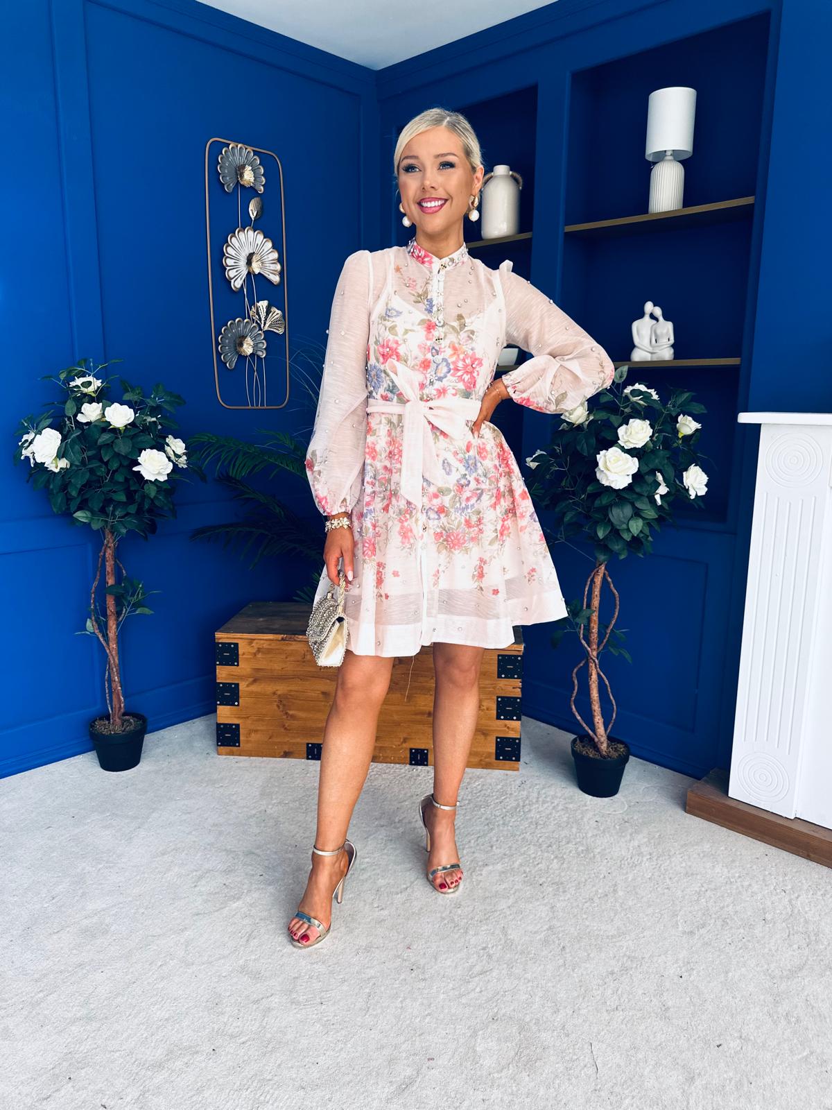 Leanne Embellished Mini Dress Floral Cream