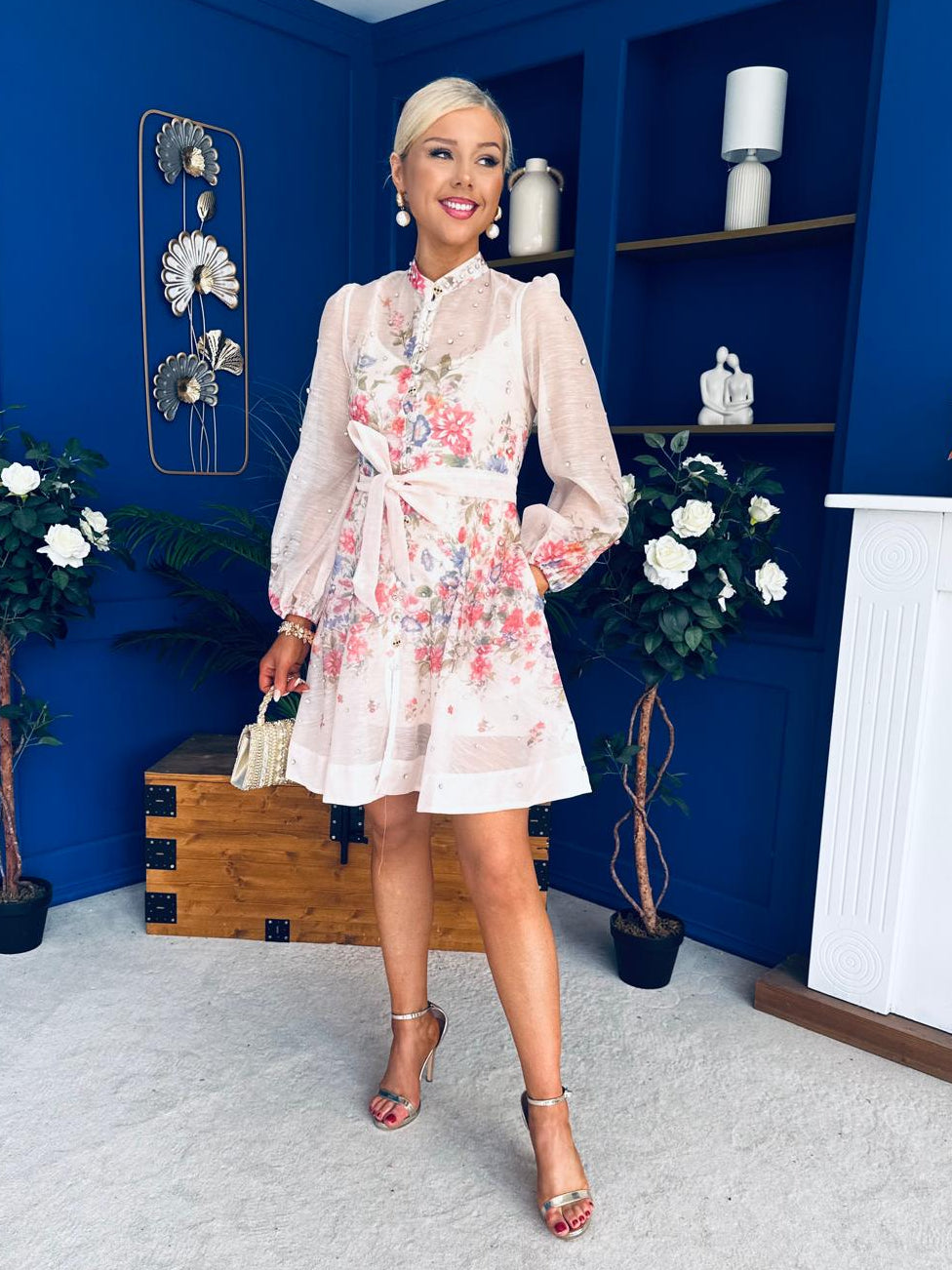 Leanne Embellished Mini Dress Floral Cream