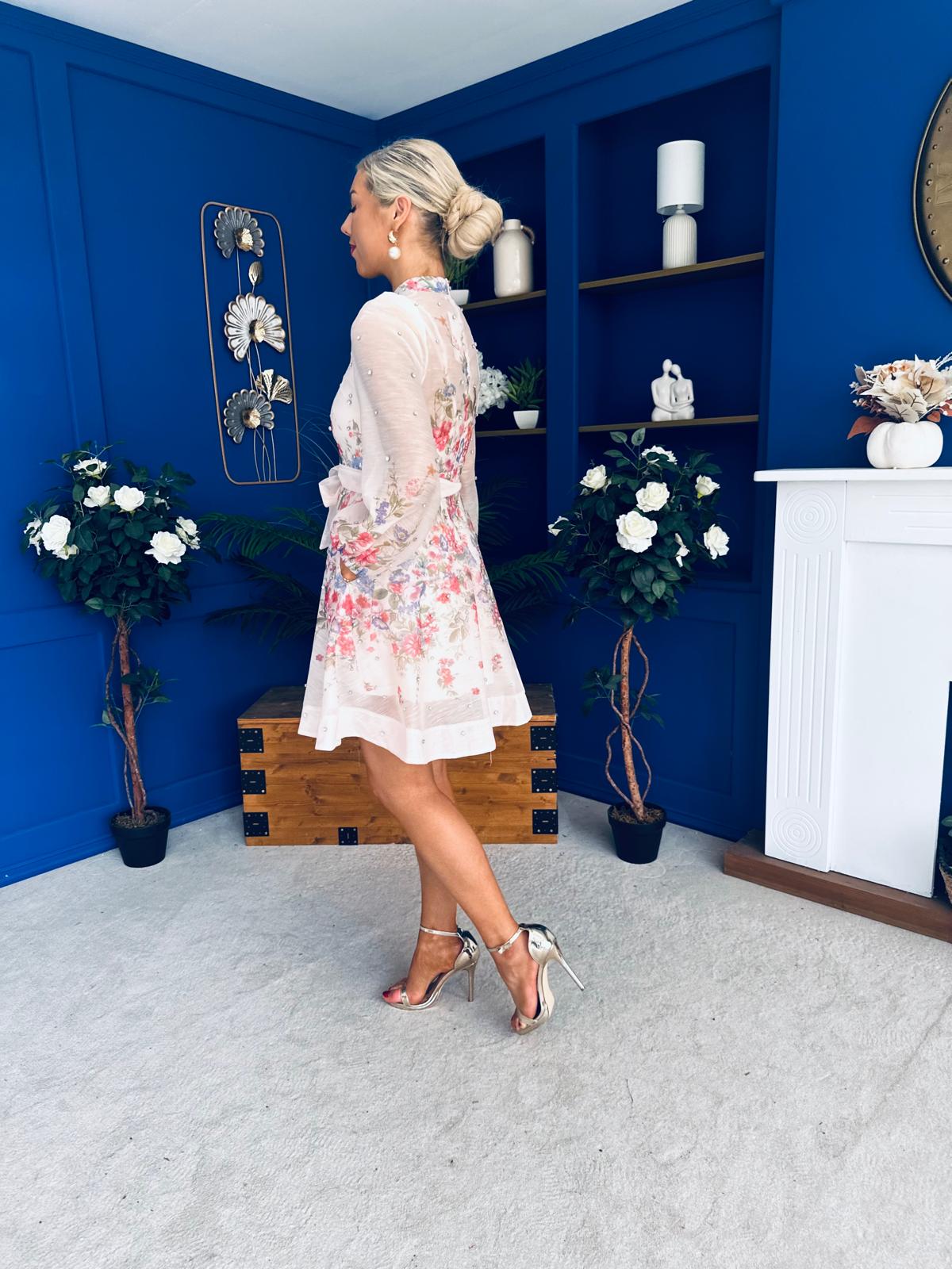 Leanne Embellished Mini Dress Floral Cream