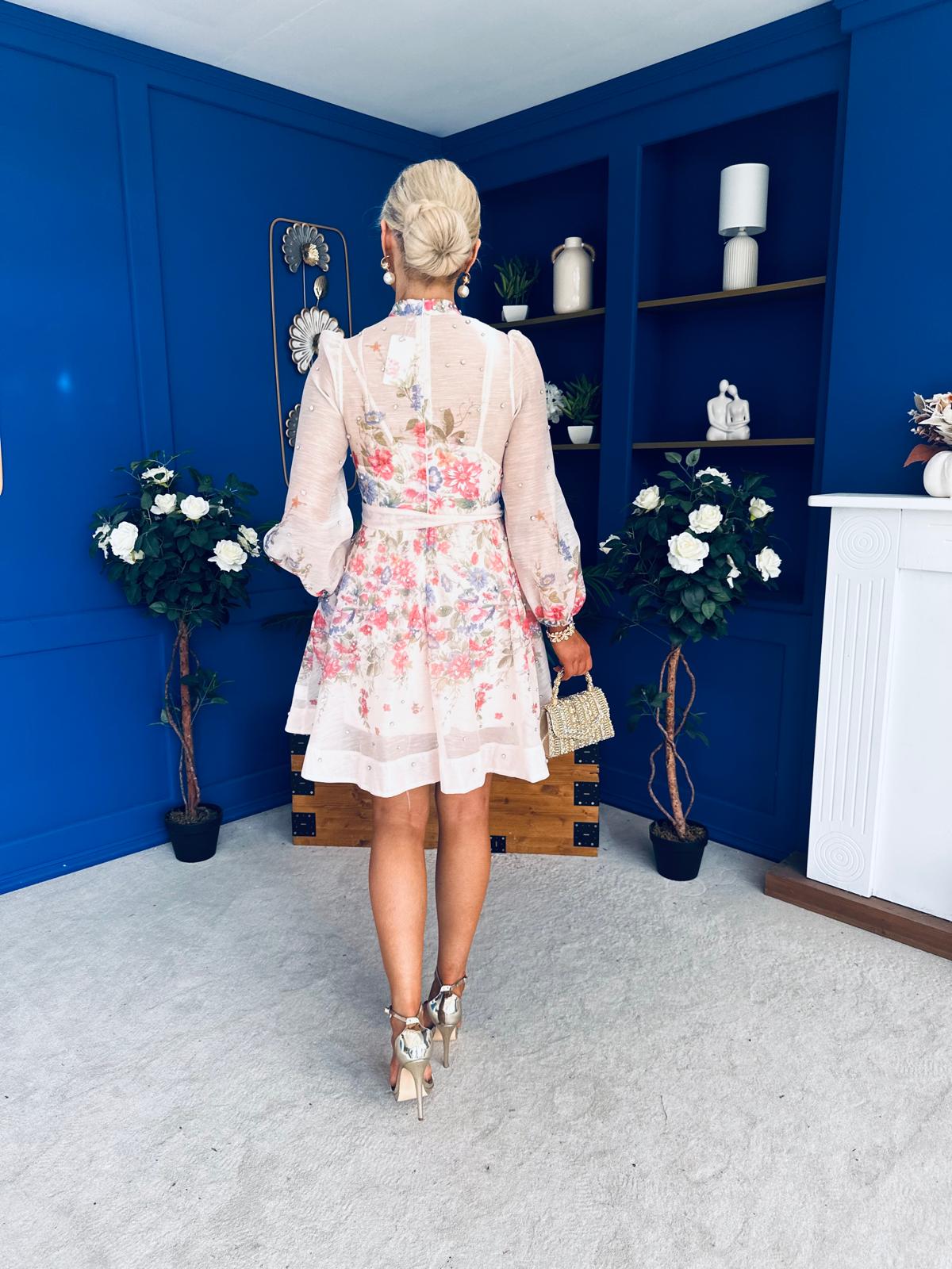 Leanne Embellished Mini Dress Floral Cream