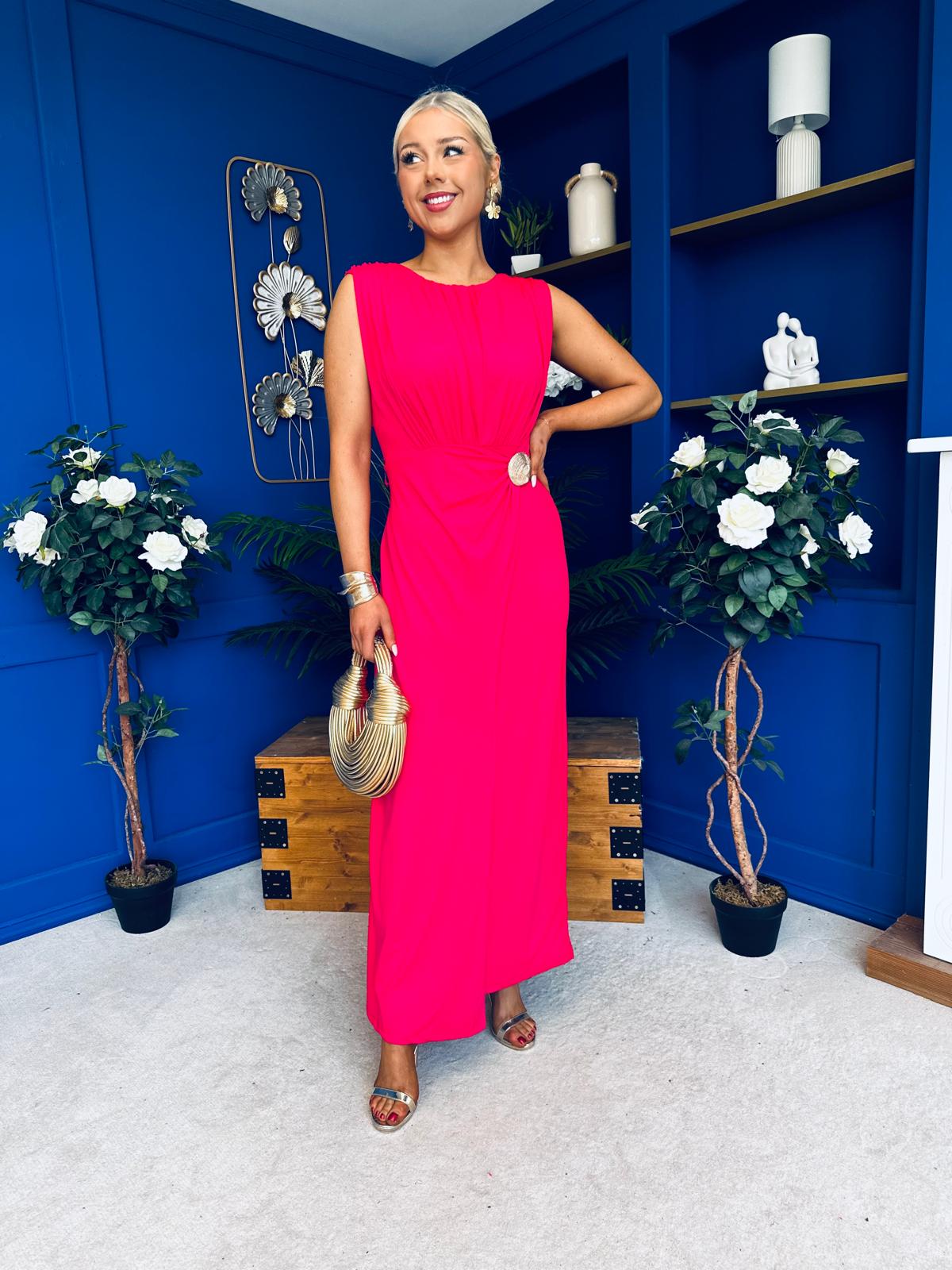 Andrea Detailed Midaxi Dress Hot Pink
