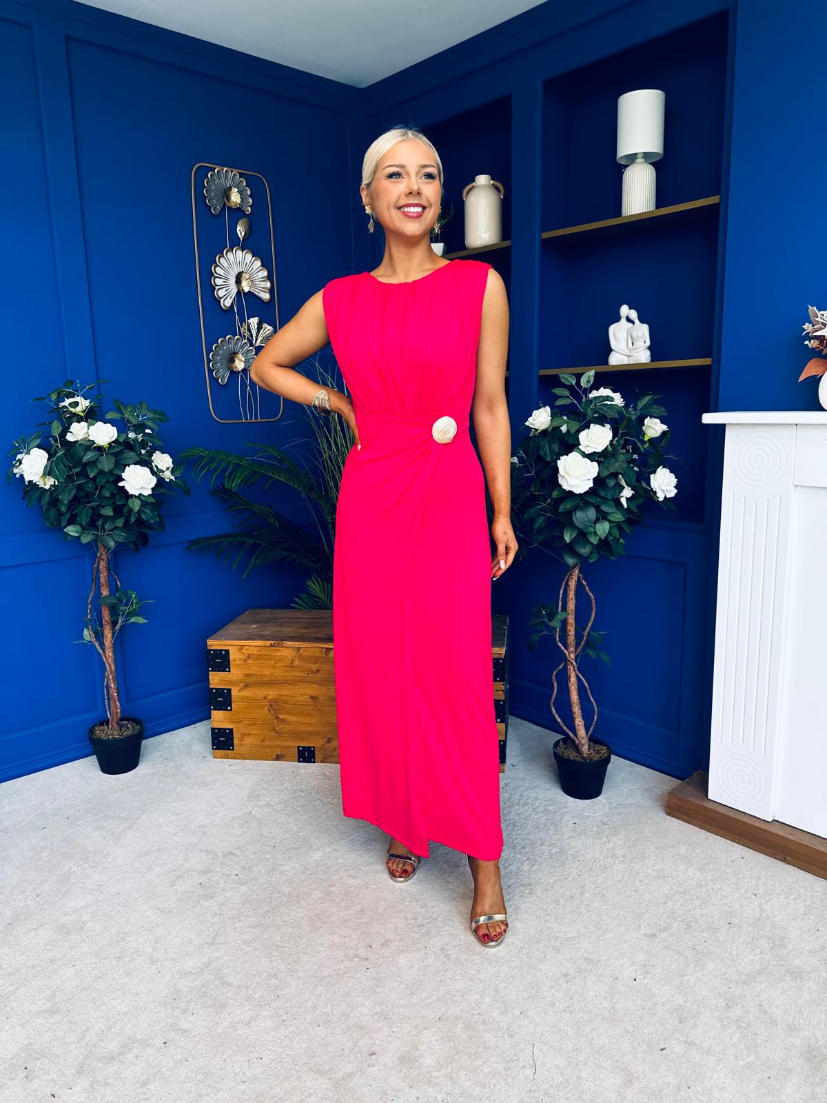 Andrea Detailed Midaxi Dress Hot Pink