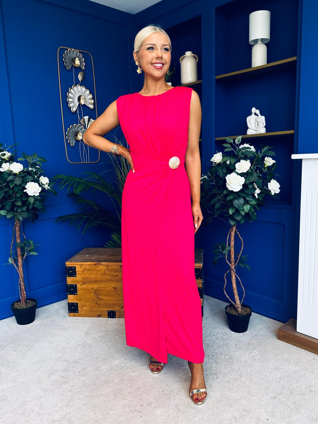 Andrea Detailed Midaxi Dress Hot Pink