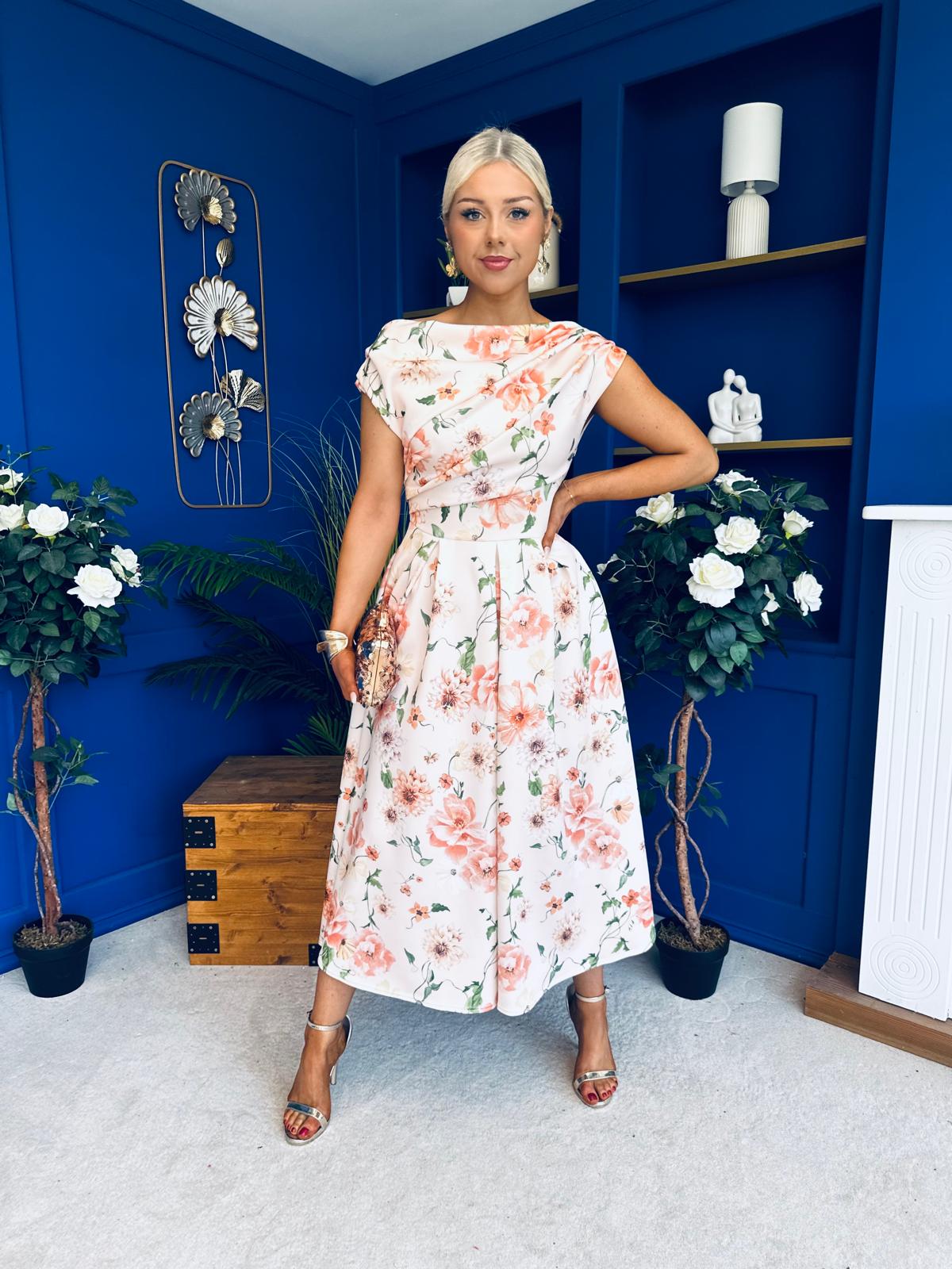 Breffy Asymmetric Neckline Skater Midi Floral Peach