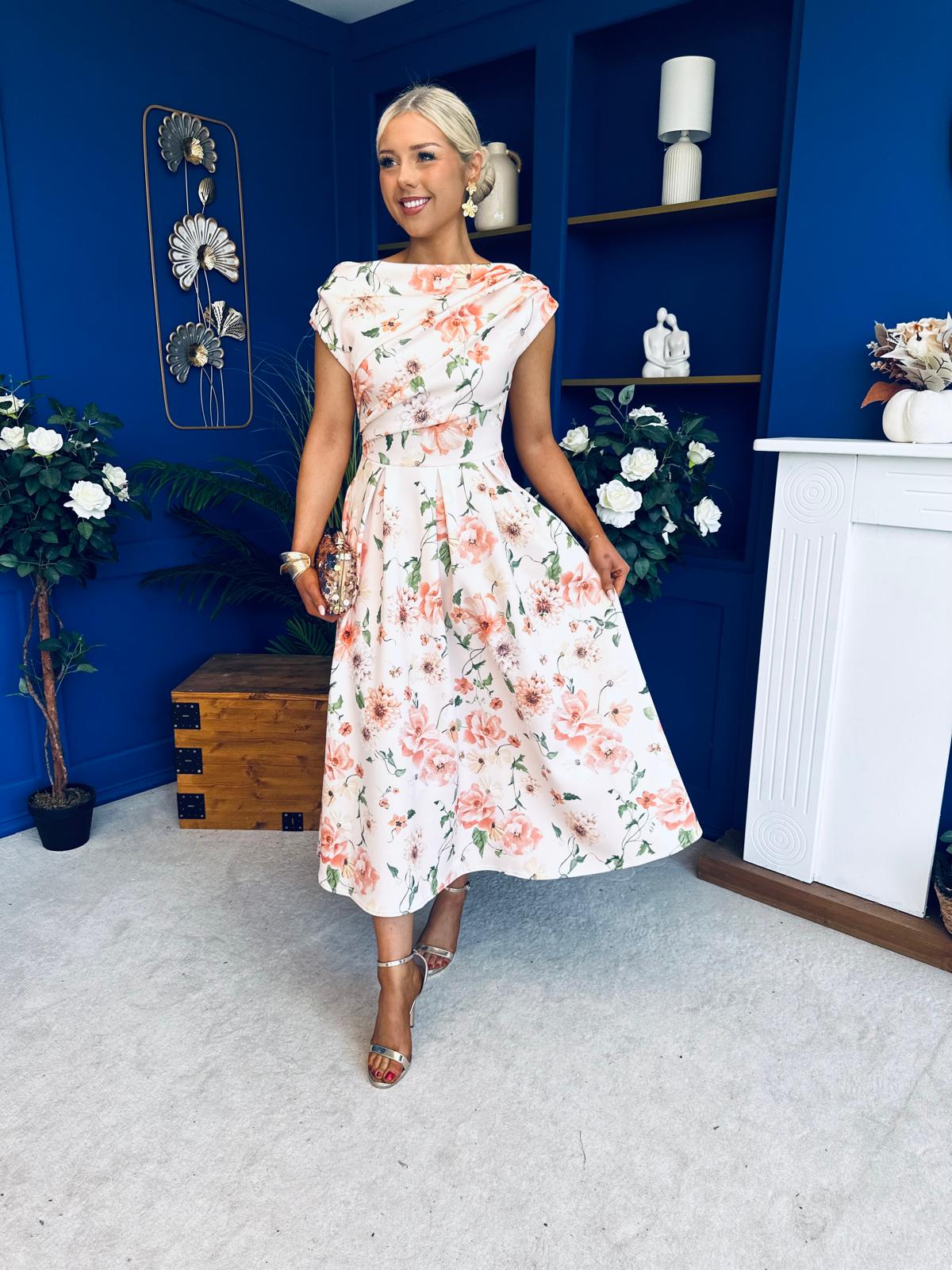 Breffy Asymmetric Neckline Skater Midi Floral Peach