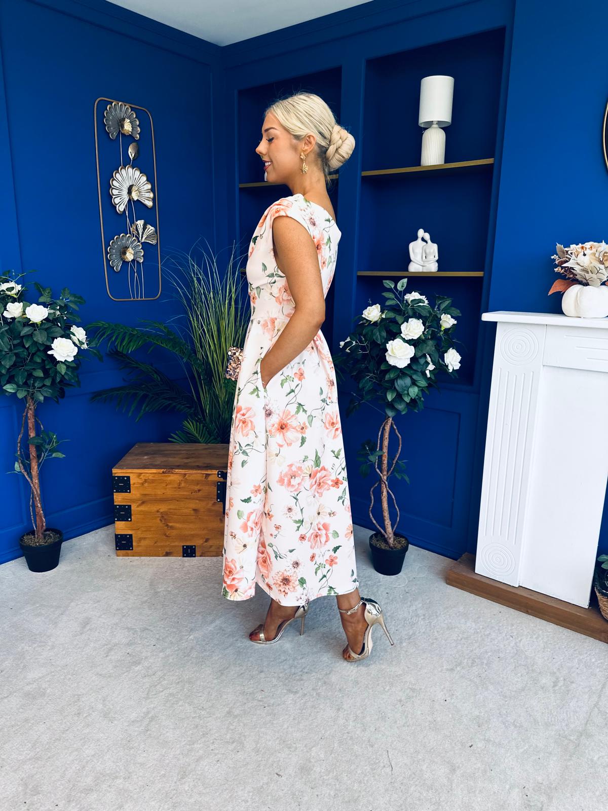 Breffy Asymmetric Neckline Skater Midi Floral Peach