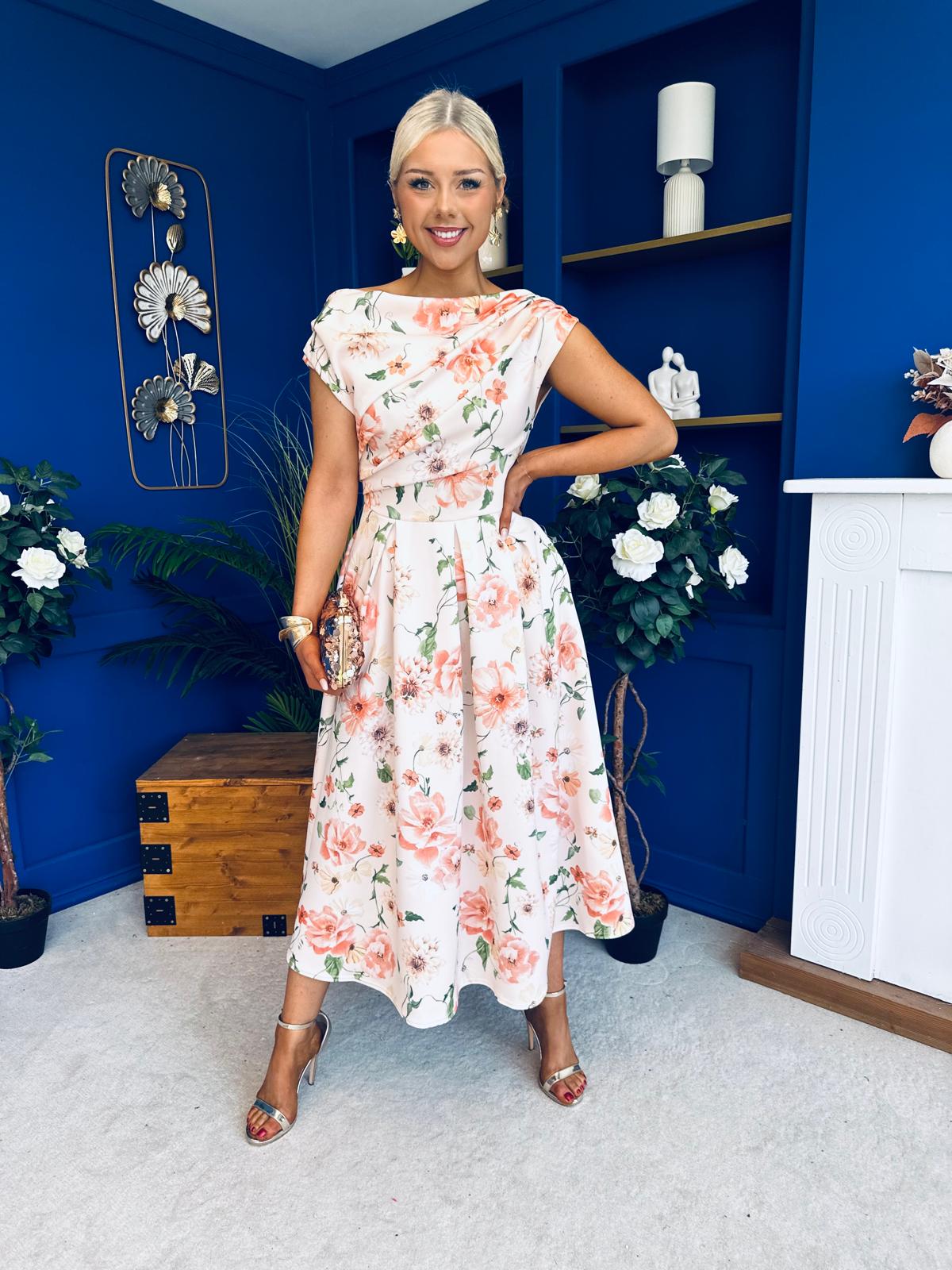 Breffy Asymmetric Neckline Skater Midi Floral Peach