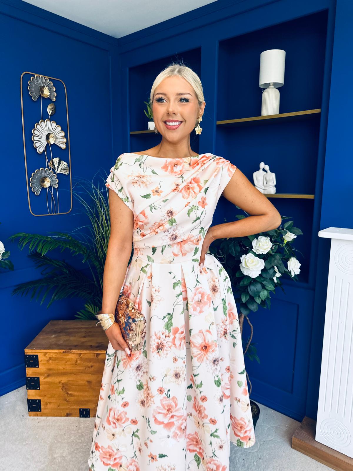 Breffy Asymmetric Neckline Skater Midi Floral Peach