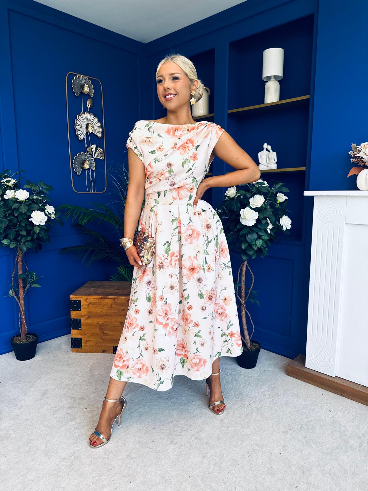 Breffy Asymmetric Neckline Skater Midi Floral Peach