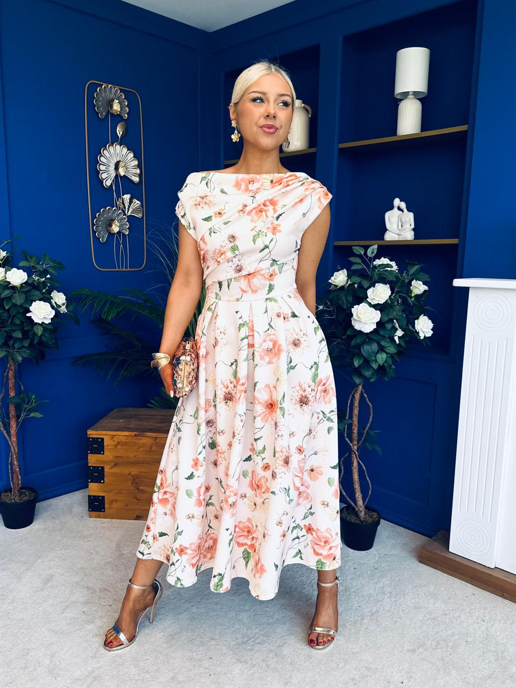 Breffy Asymmetric Neckline Skater Midi Floral Peach
