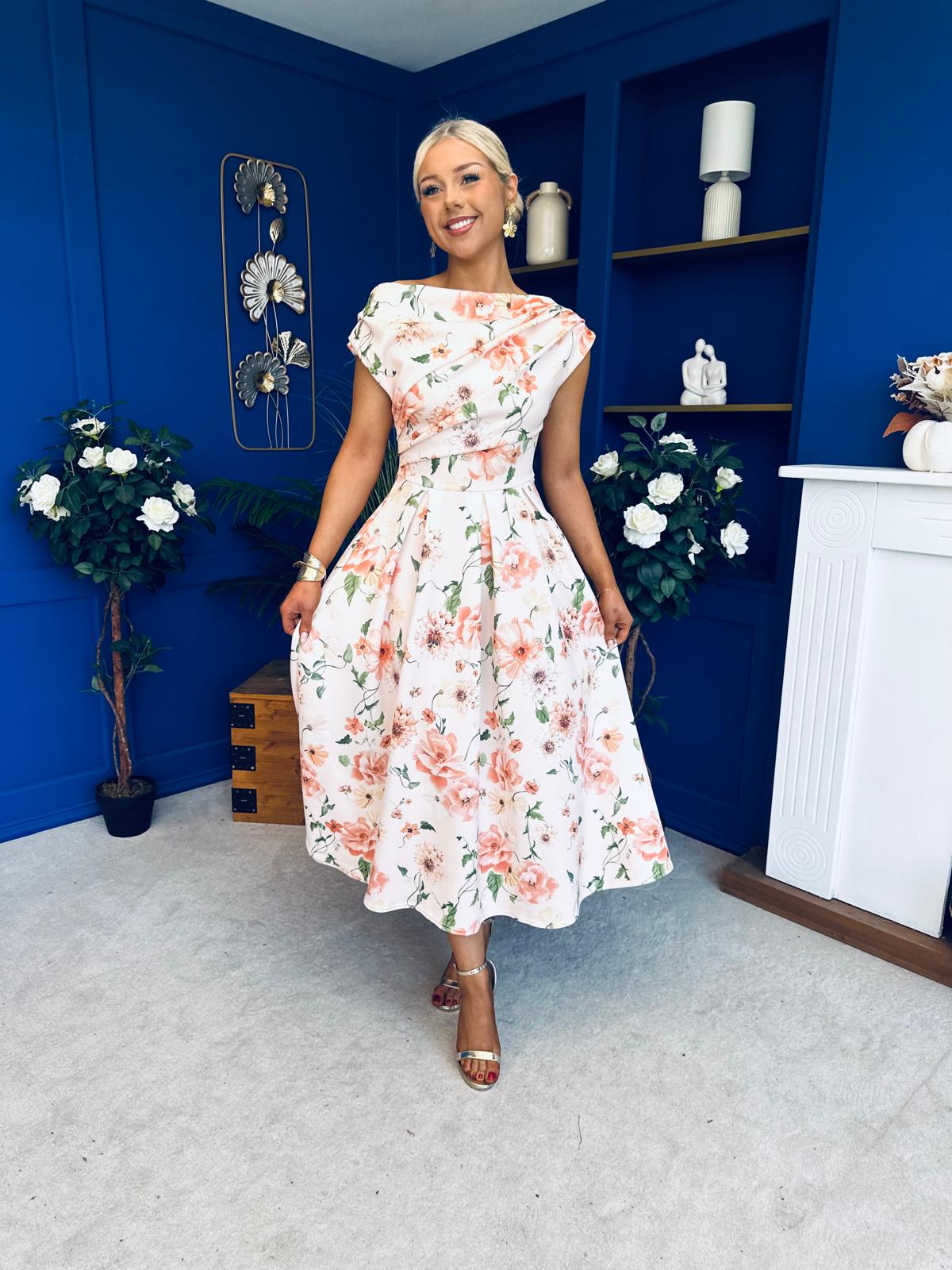 Breffy Asymmetric Neckline Skater Midi Floral Peach