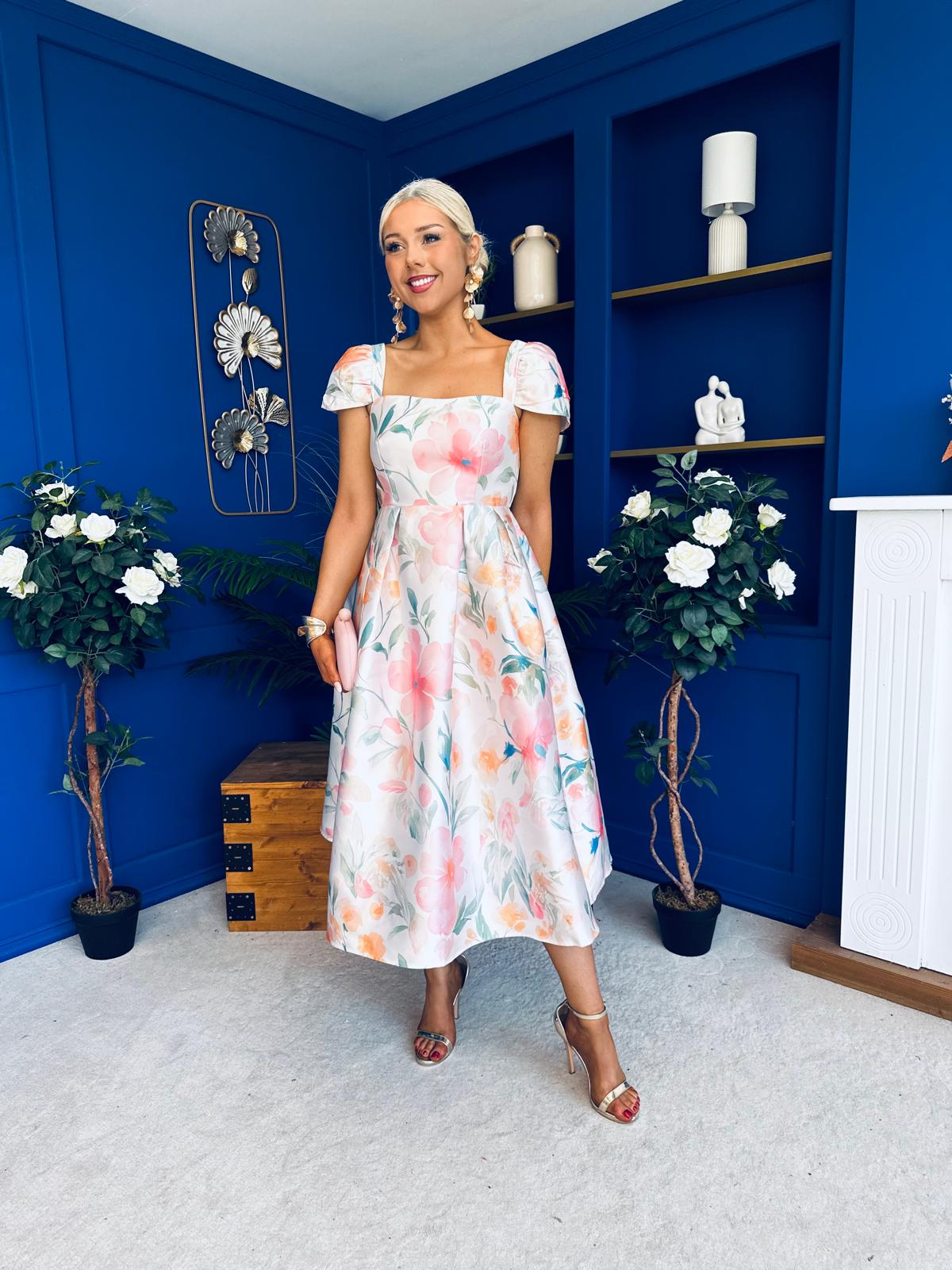 Prim Cap Sleeve Pastel Floral Midi Dress