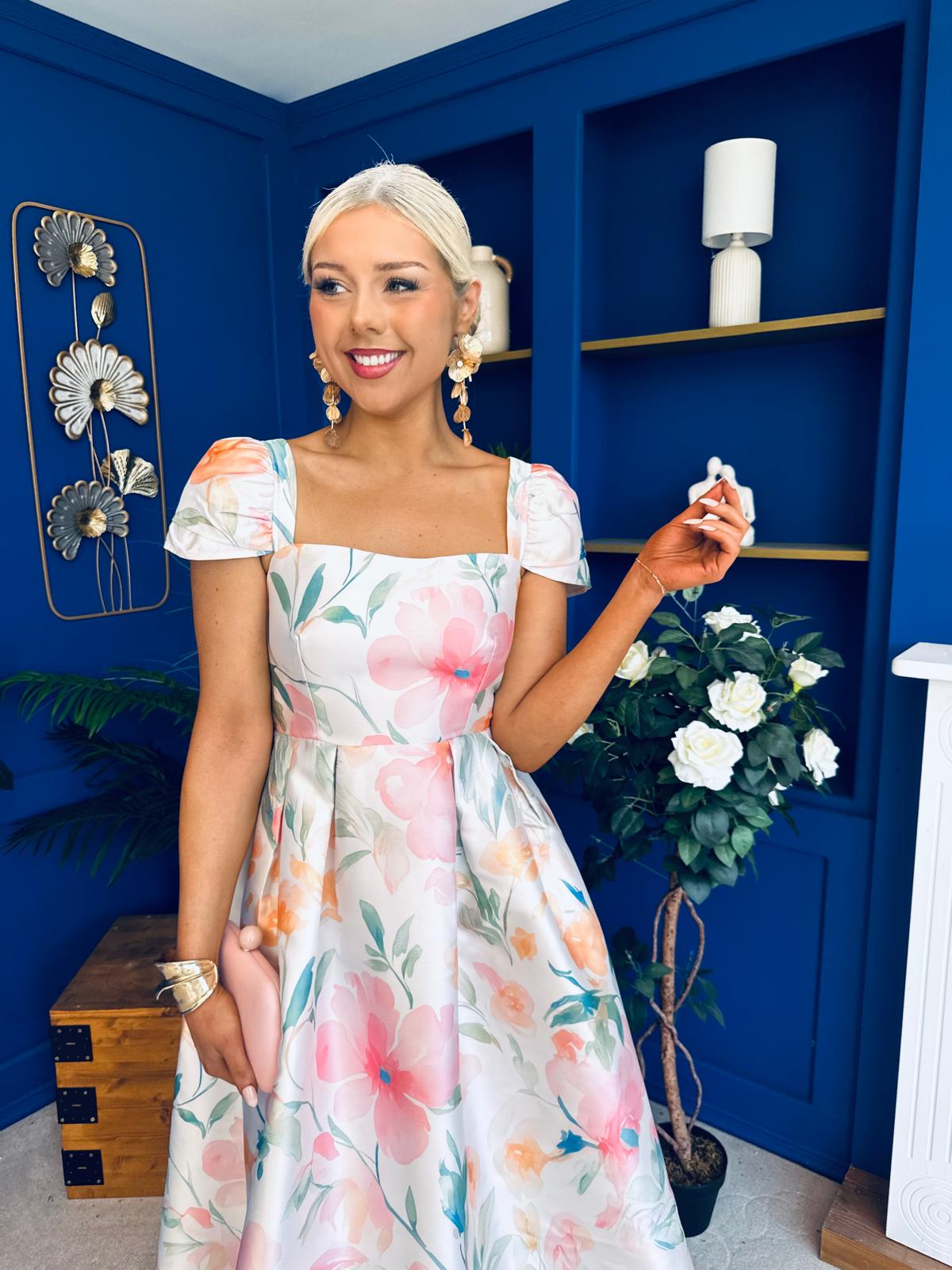 Prim Cap Sleeve Pastel Floral Midi Dress