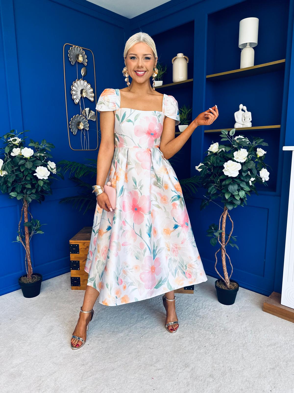 Prim Cap Sleeve Pastel Floral Midi Dress