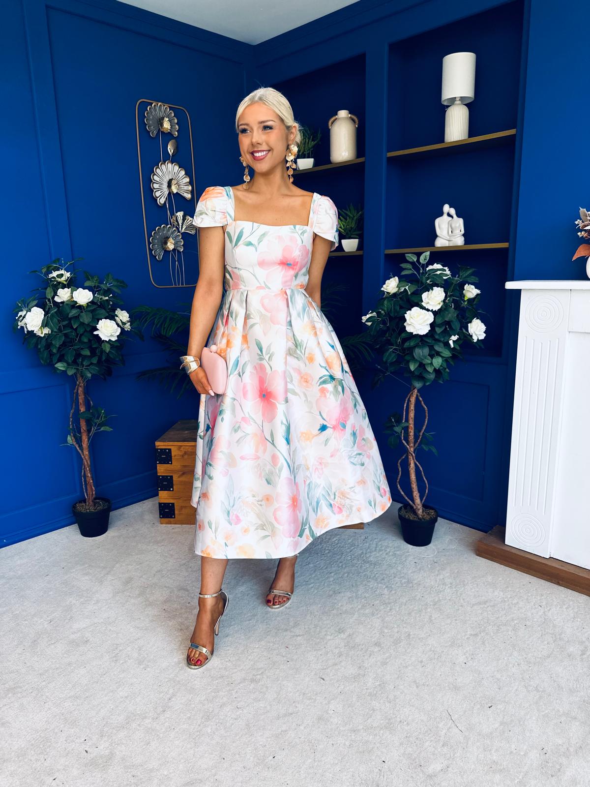 Prim Cap Sleeve Pastel Floral Midi Dress