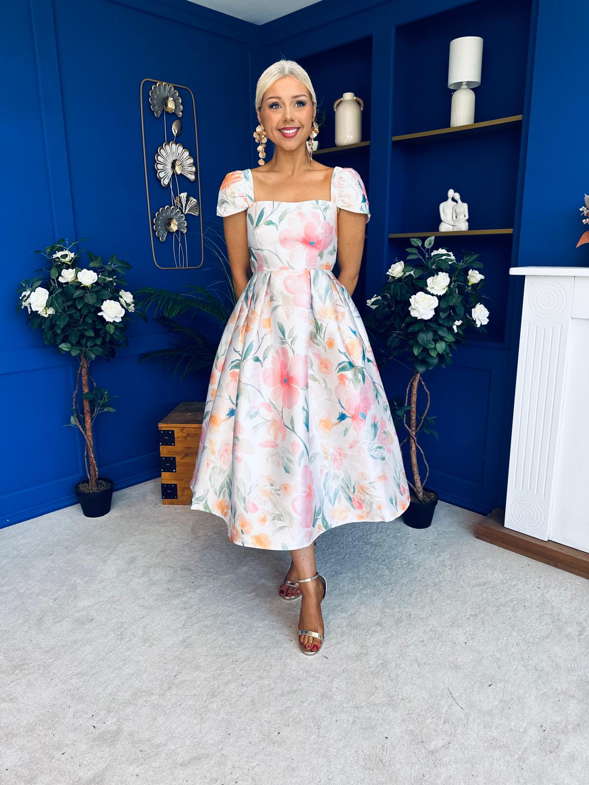 Prim Cap Sleeve Pastel Floral Midi Dress