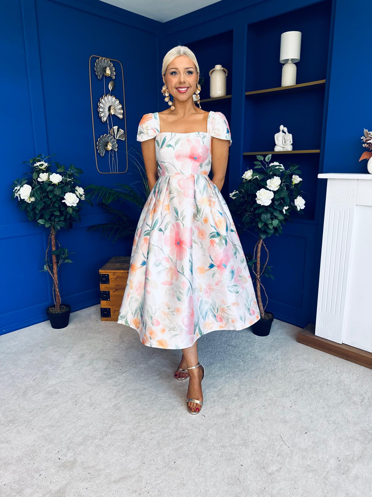 Prim Cap Sleeve Pastel Floral Midi Dress